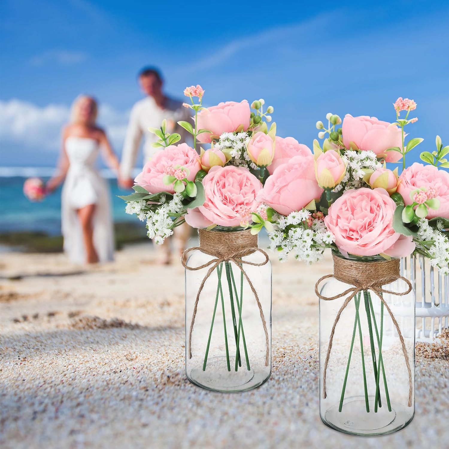Zeyune 6 Sets Mason Jar Table Centerpiece with Artificial Peony Baby's Breath Flower Centerpieces Faux Flowers with Rope for Wedding Reception Engagement Bridal Shower Rustic Table Decor(Light Pink)