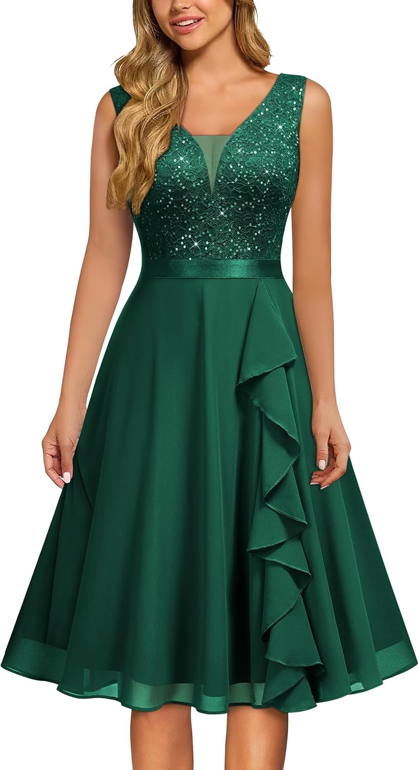 MISSMAY Women's Vintage V-Neck Sequin Formal Party A-Line Dress