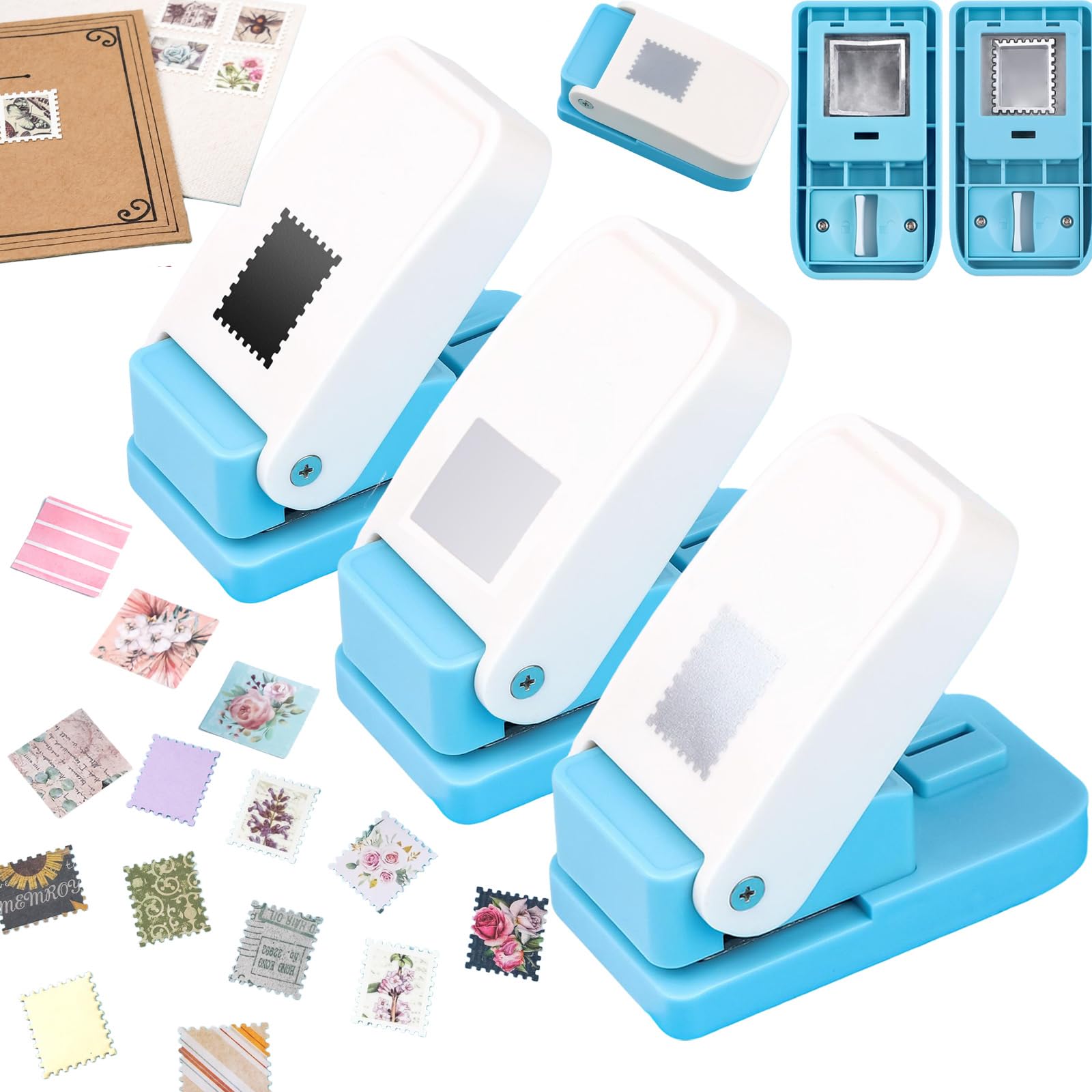 3 Pcs Paper Punch, 1X0.8 inch Rectangular Postage Stamp Punches & 1" Square Hole Punches, Lever Action Craft Hole Puncher for Paper Crafting Card Making DIY Projects Crafts Tools — image 1