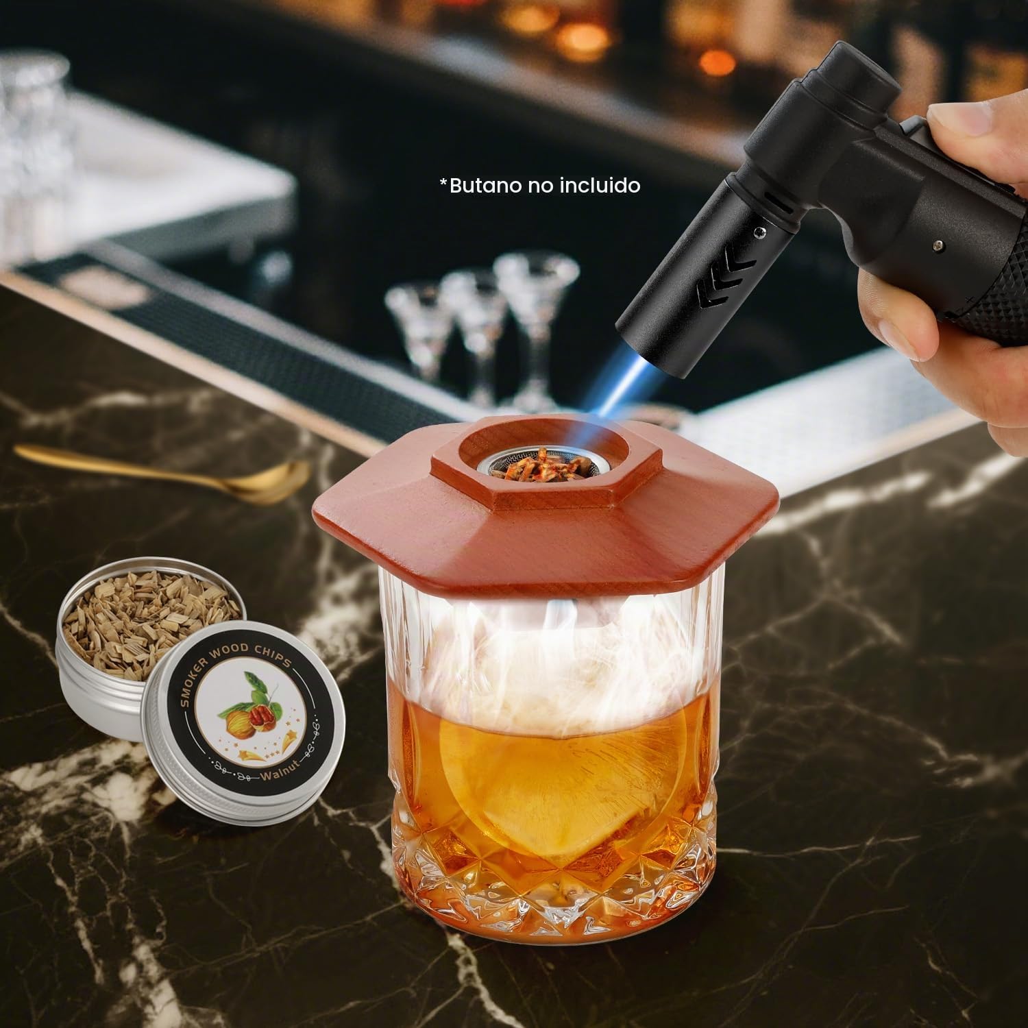 Kit de ahumador de cóctel con antorcha, 6 sabores, chips de madera, 2 vasos, 2 moldes de bolas de hielo, kit de infusor de ahumador de whisky, kit de ahumador de bebidas antiguas, regalos de whisky