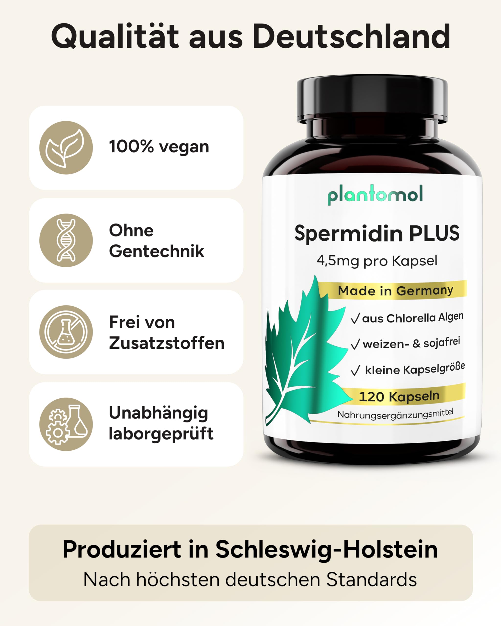 Spermidin Kapseln hochdosiert - 4,5mg Spermidine pro Kapsel - Gehalt durch externes Labor bestätigt - 4 Monatsvorrat - 120 Spermidin PLUS Kapseln