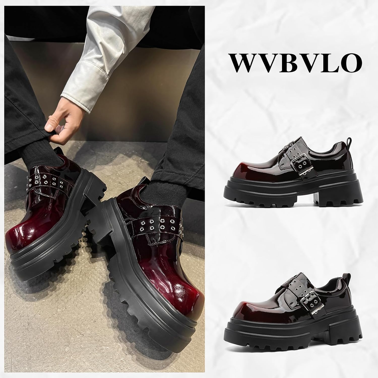 Men's Patent Leather Platform Oxfords Classic Big Toe Adjustable Buckle Chunky Heel Heighten Derby Shoes Comfort Anti-Slip Lug Sole Dress Shoes