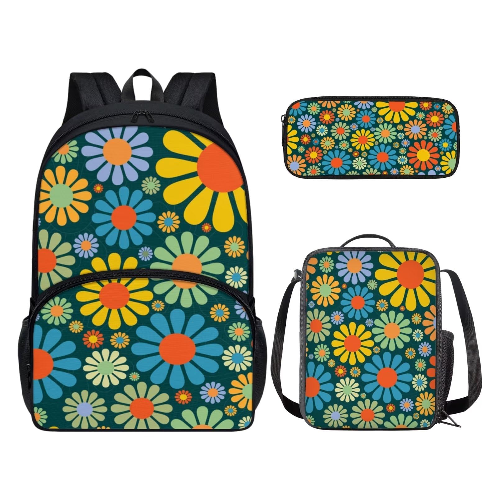POLERO Juego de 3 bolsas escolares con impresión 3D para el almuerzo, estuche para lápices, Flores hippie, Talla única, Mochila infantil