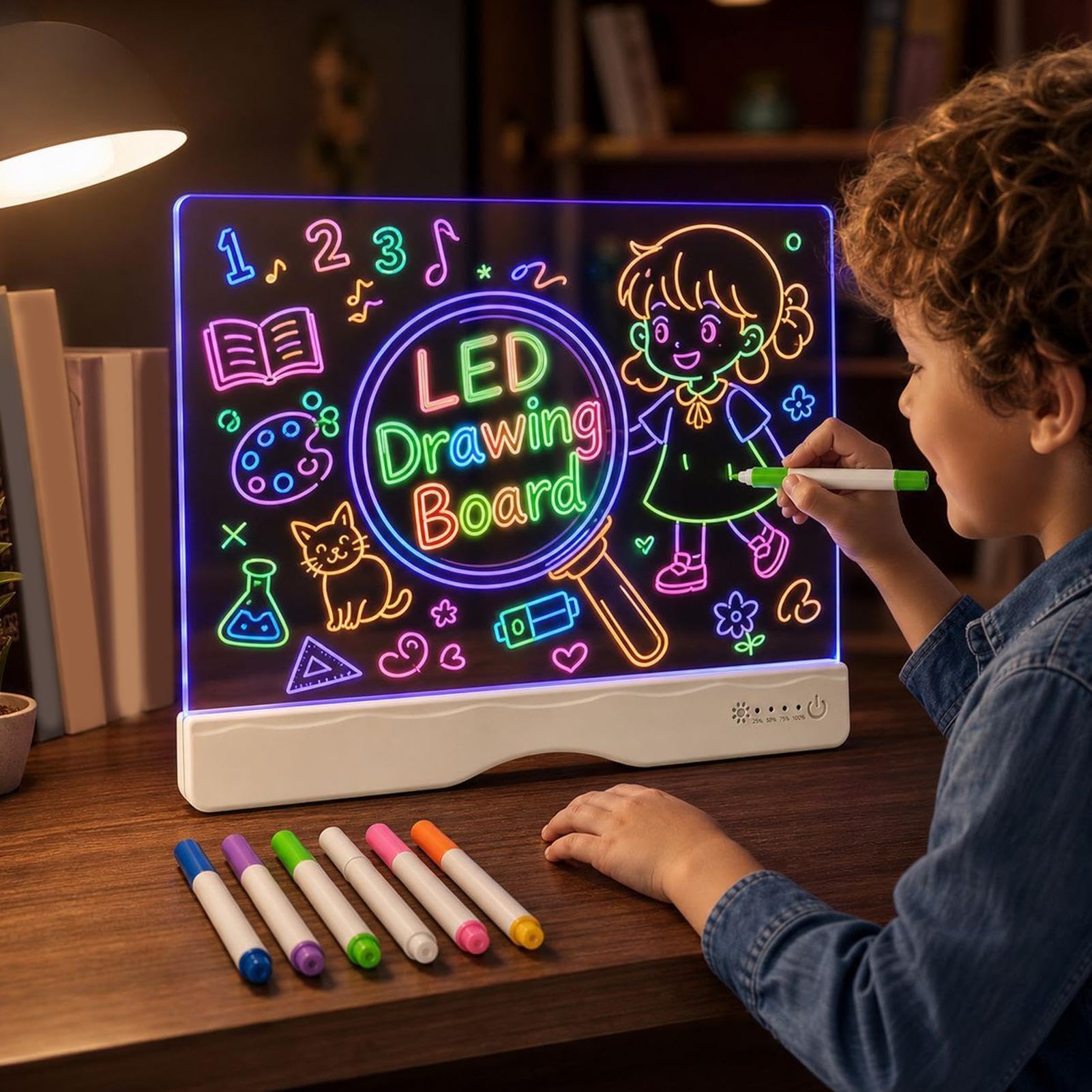 Pizarra LED Notas Almohadilla de Dibujo Recargable con Rotuladores | Tablero de Mensajes LED con 13 Efectos para la Escuela, el Aula, la Casa, los Viajes, Coche y el Avión, Niños y Niñas
