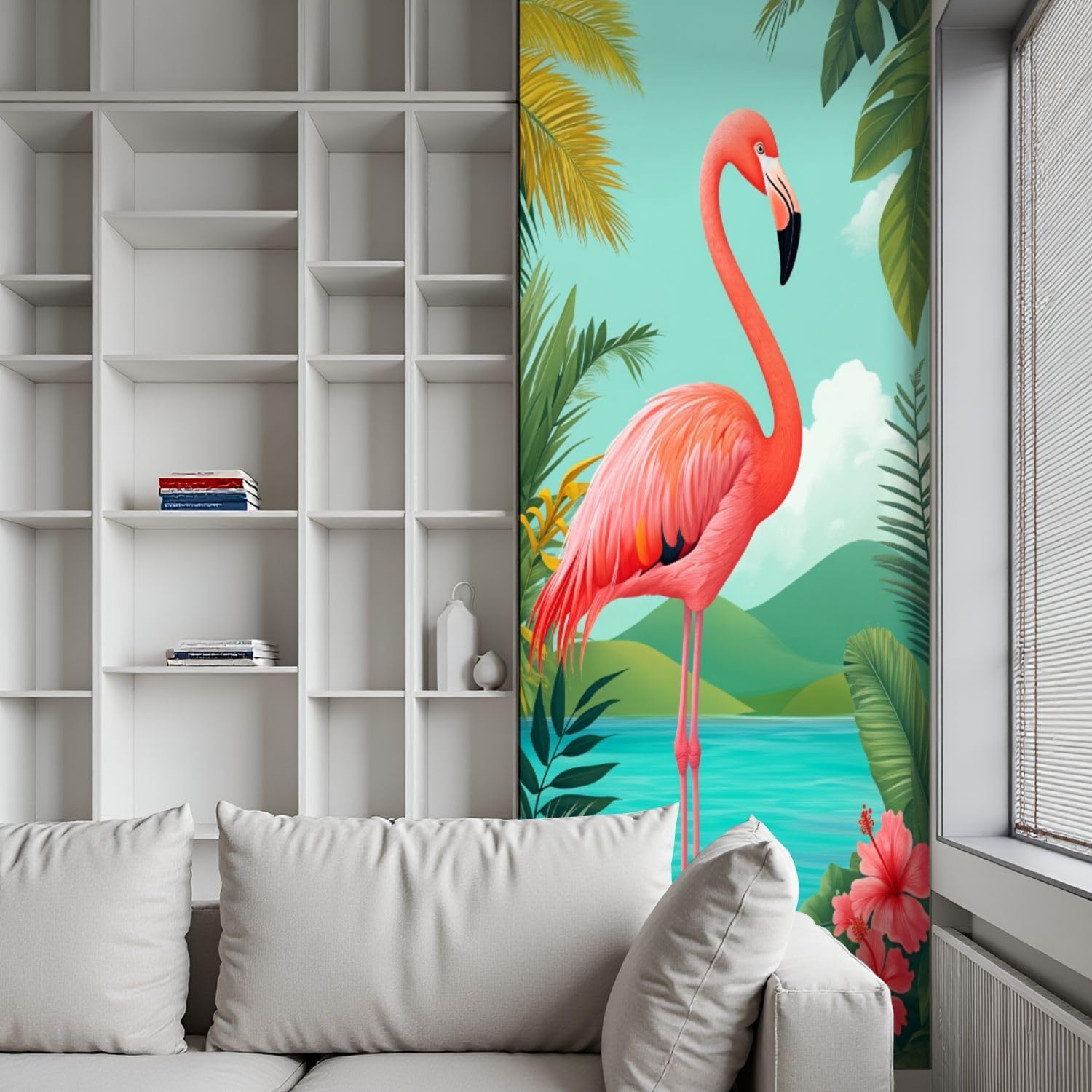 Door Stickers Peel and Stick Door Decal Flamingos Pink Standing Tropical Beach Green Foliage Blue Lagoon Removable Mural Wallpaper 30.3''x78.7'' Wall Murals for Kitchen Living Room Bedroom