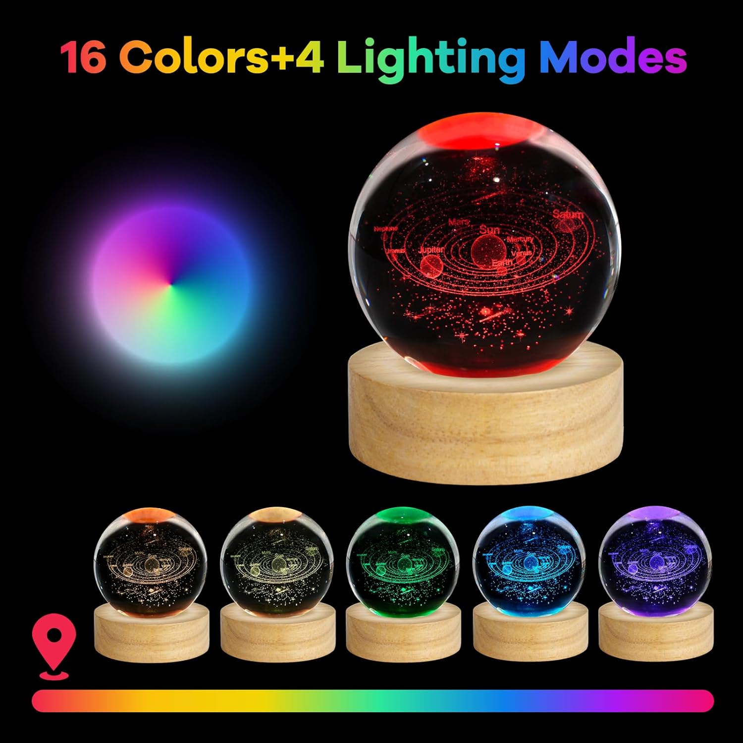3D Solar System Crystal Ball Night Light 2.4in Galaxy Planets Glass Table Lamp Decor with 16 Colors Change Remote Control Birthday Christmas Astronomy Space Gifts for Boys Girls