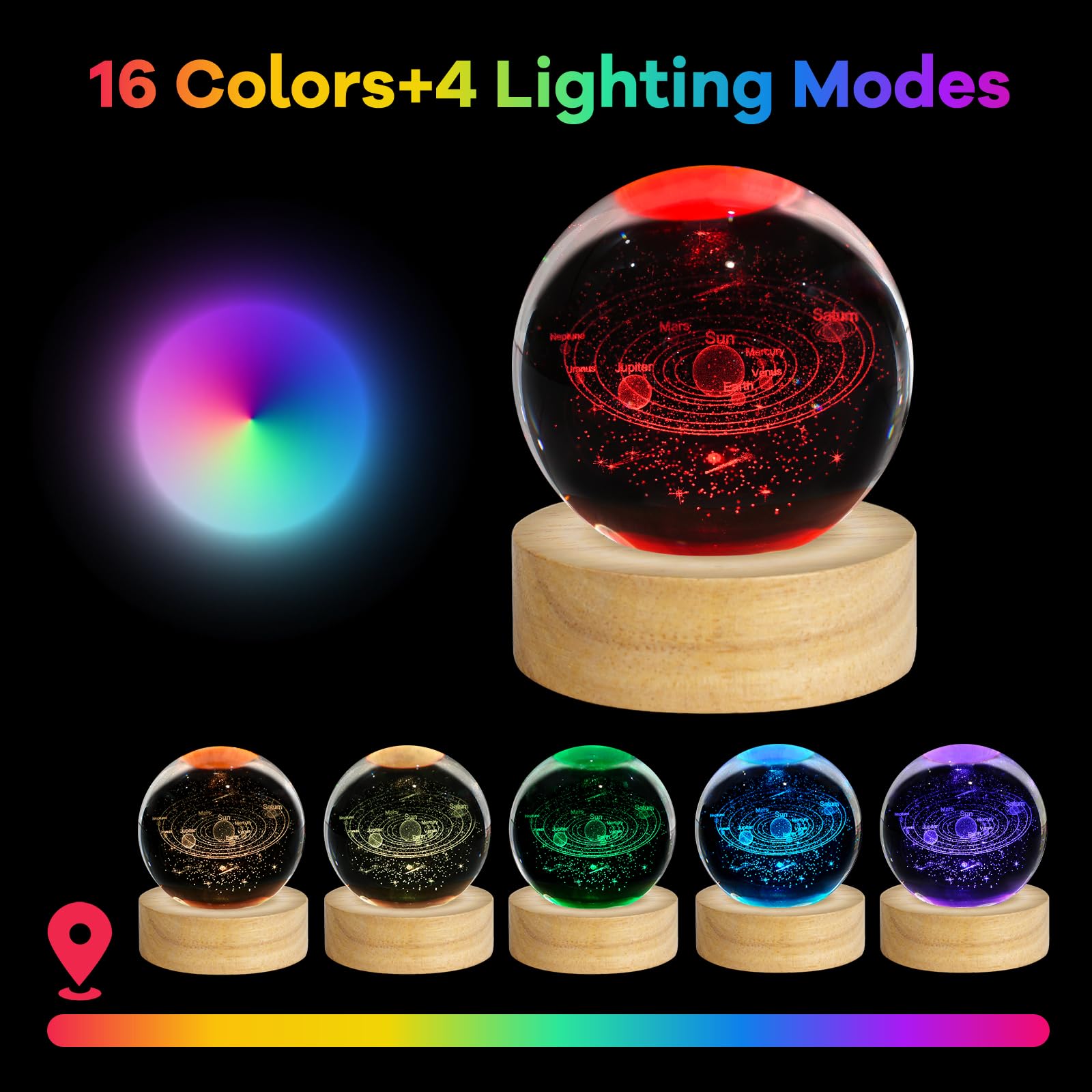 Lampada da tavolo in vetro 3D con pianeti galattici da 6,1 cm, con 16 colori che cambiano telecomando, per compleanno, Natale, astronomia, spazio, regali per ragazzi e ragazze