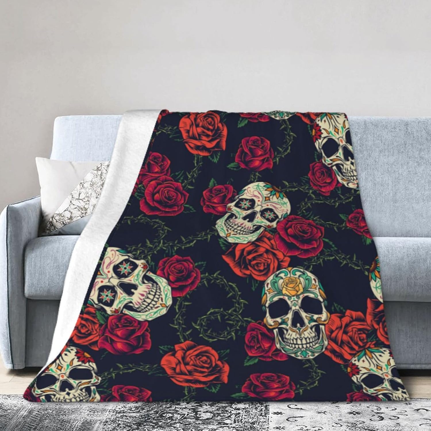 Rose Skull Elegant Flower Blanket Soft Comfy Flannel Throw Blankets Lightweight Warm Bed Throws Plush for Couch Sofa Camping Office Travel Home Bedroom Decor Cool Men Women Girls Boys Gifts 60"X50"