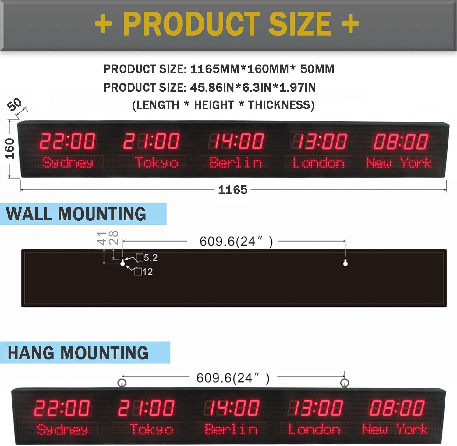World Clock Multiple Time Zones, 5 Time Zone Clocks, LED Digital World Clock with Remote Control, City Can Be Changed, for Hotels, Multinational Airports, Entertainment Venues