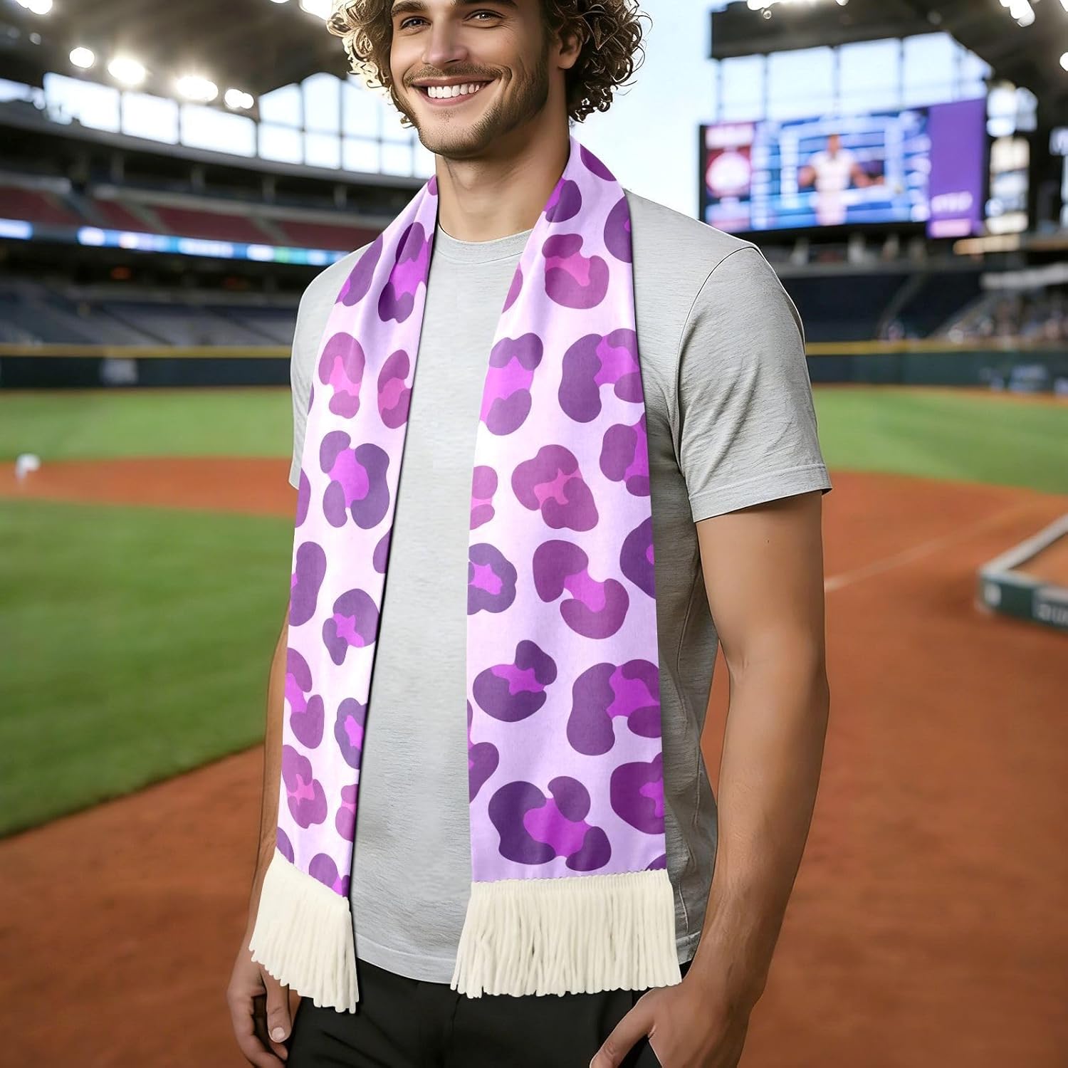 CHIFIGNO Purple Leopard Sports Fan Scarf with Fringe Ends, Soft Polyester Sweat Towel for Soccer Games, Quick Dry Cheering Banner Wrap