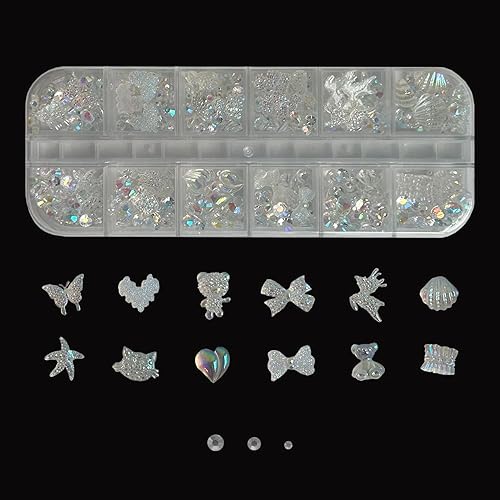 Diamantes de imitación para arte de uñas, mariposas, conchas de alce, lazos, osos, diamantes de cristal de cristal AB, gemas de metal AB, piedras