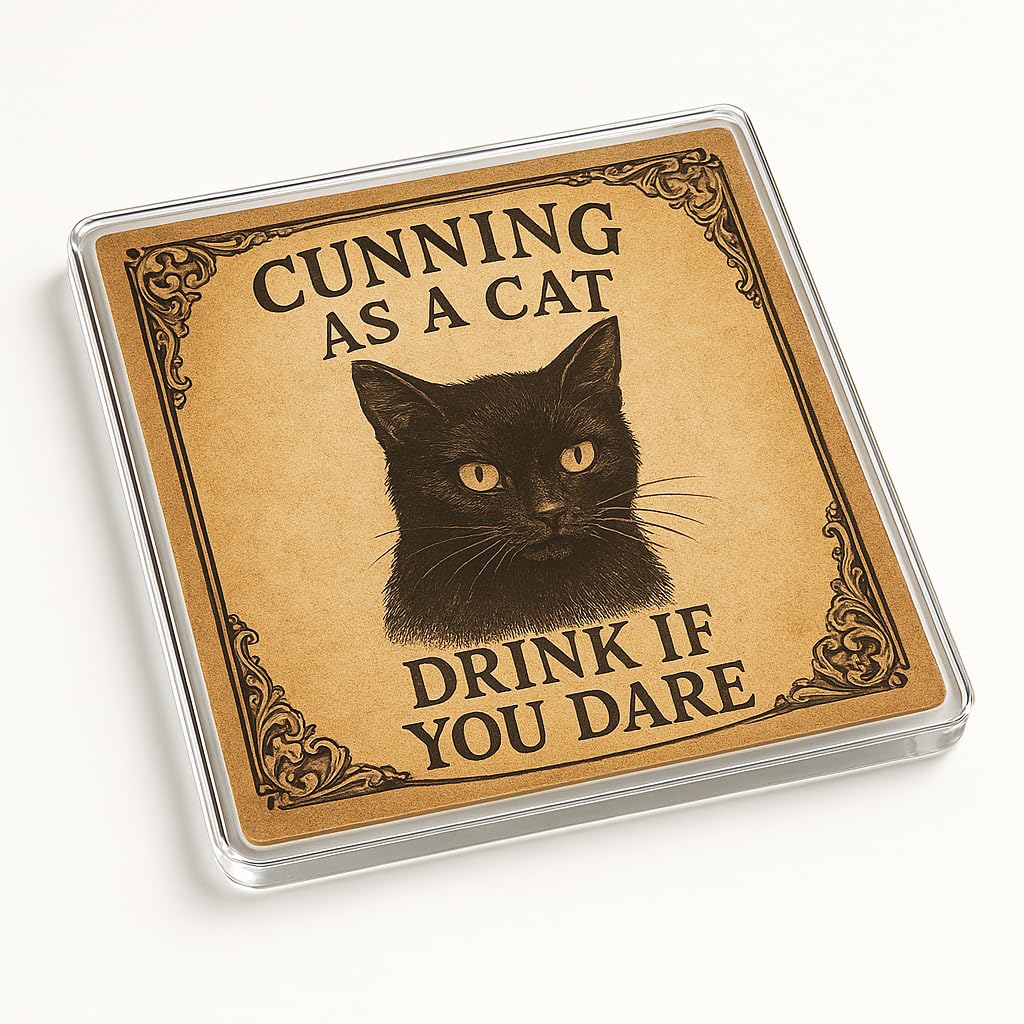 The Plum Penguin Gothic Cat Mystique Acrylic Coaster Gift For Halloween - Vintage Style Black Cat Design Drinkware Novelty Present