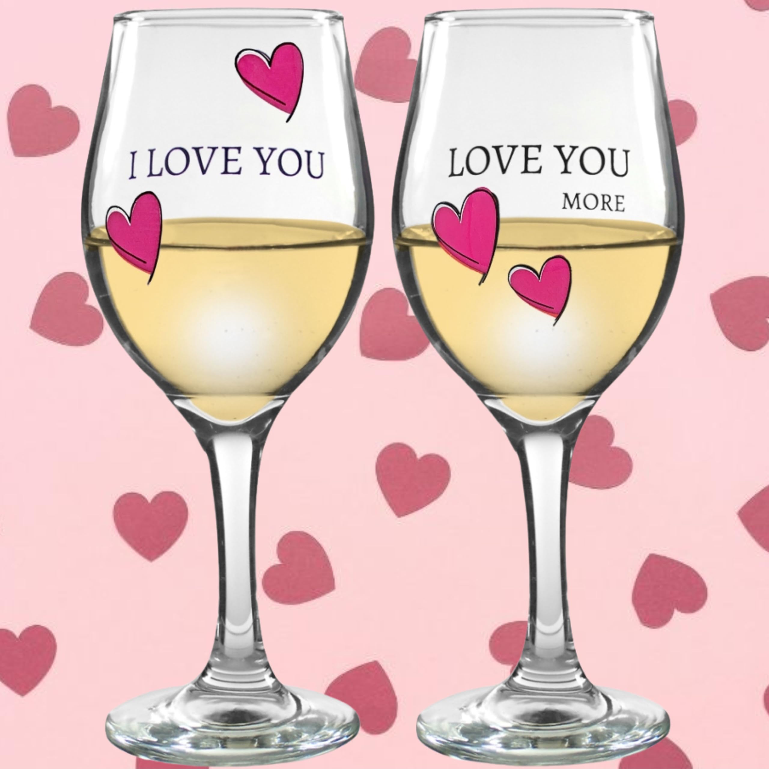 Love You More Wine Glass - Set of 2 Glasses with Pink Decorative Hearts - His and Her Romantic Glassware