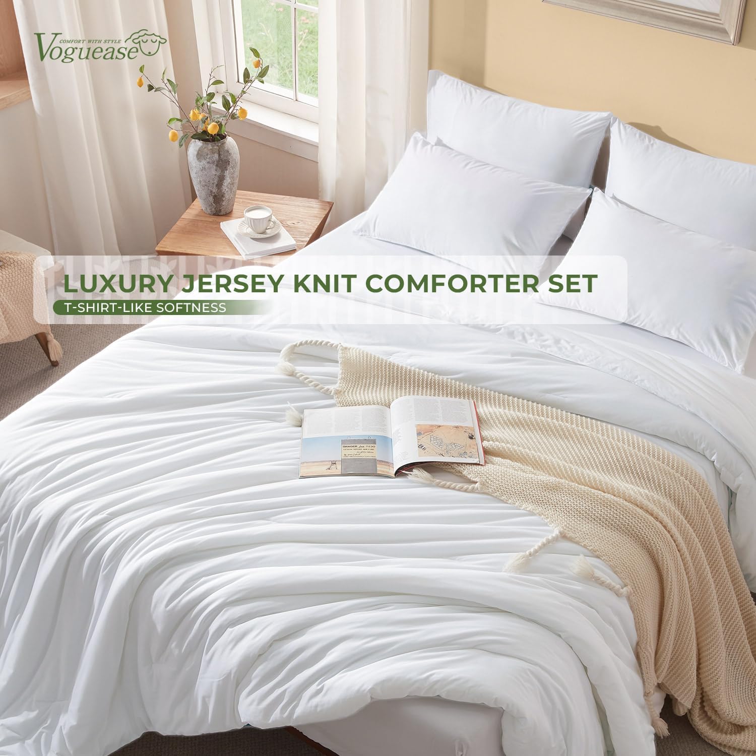 King Size Comforter Set, Comforters King Size Luxury Ultra-Soft Jersey Knit Bedding Sets, White Lightweight Down Alternative Bed Comforter for All Season, 3 Piece Bedding Set - Image 5