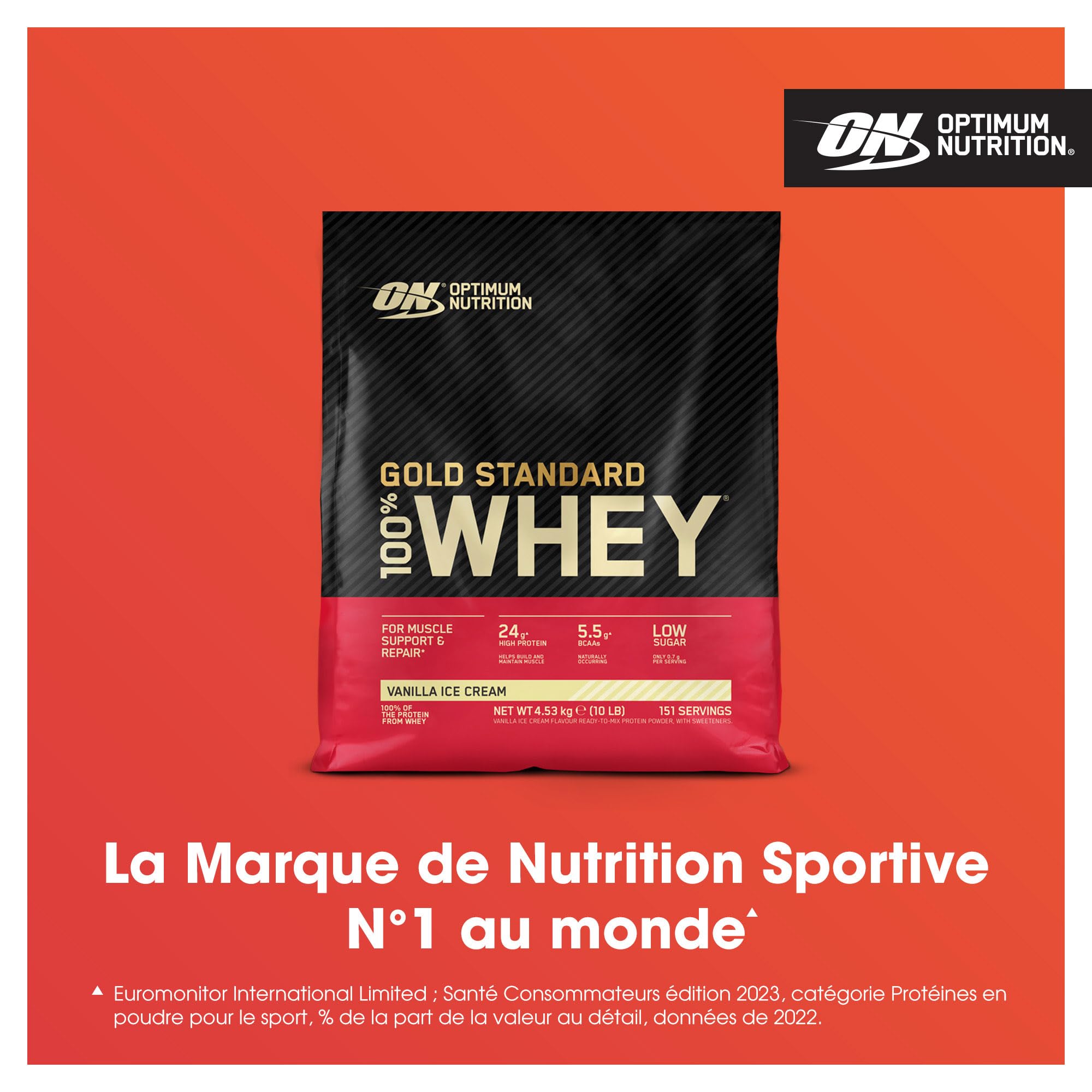 Optimum Nutrition Gold Standard 100% Whey, Protéine en Poudre, Goût Glace à la Vanille, 4.53kg, 151 Doses