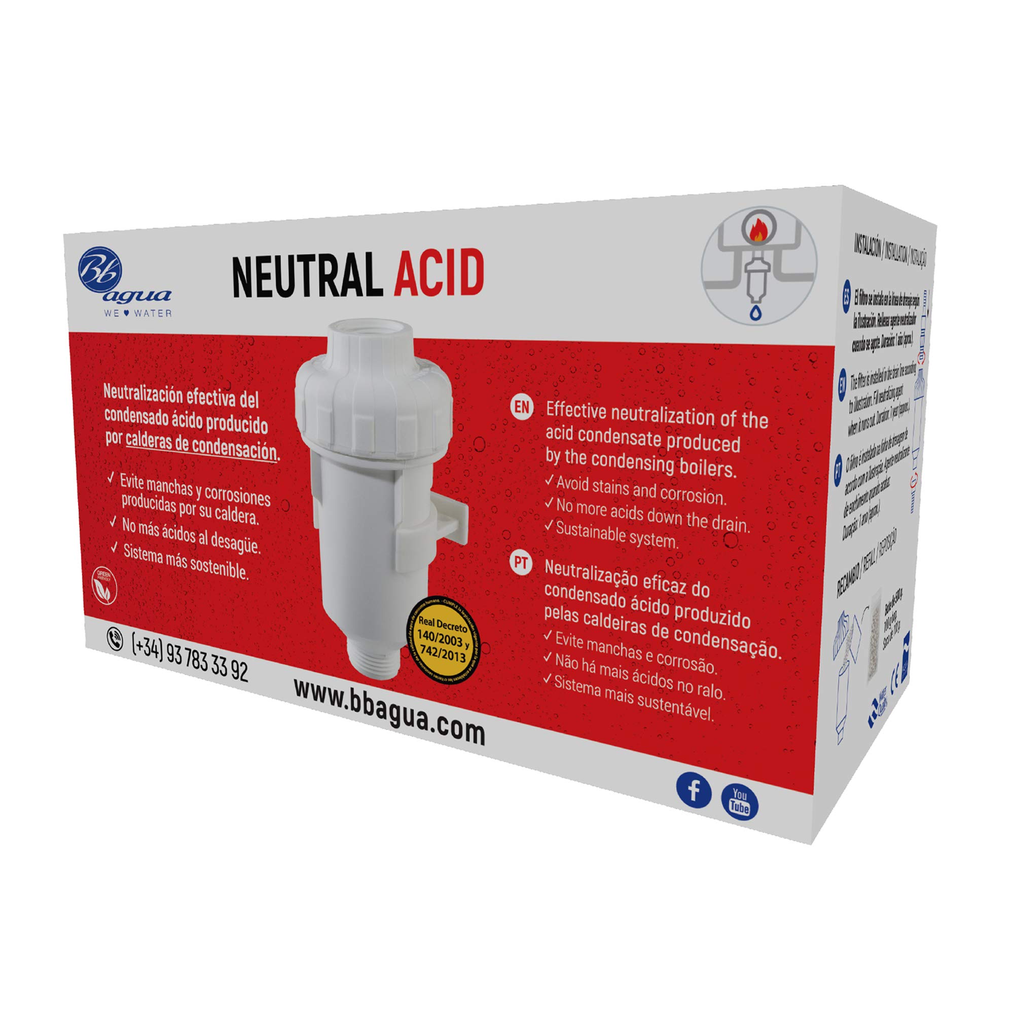 Filtro Neutral Acid. Neutraliza el condensado de ácido producido por la caldera alargando la vida y reduciendo el mantenimiento. Fácil limpieza y mantenimiento. Bbagua.