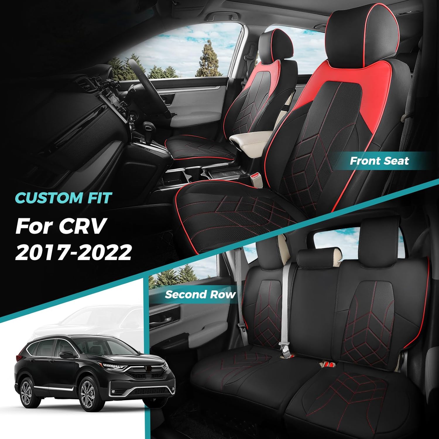 for Honda CRV Seat Covers Custom Fit 2017-2022 EXL EX LX Sport,Touring,Hybrid - Luxury Waterproof Leather Car Seat Covers Full Set - BlackRed BlackRed CR-V 2017-2022