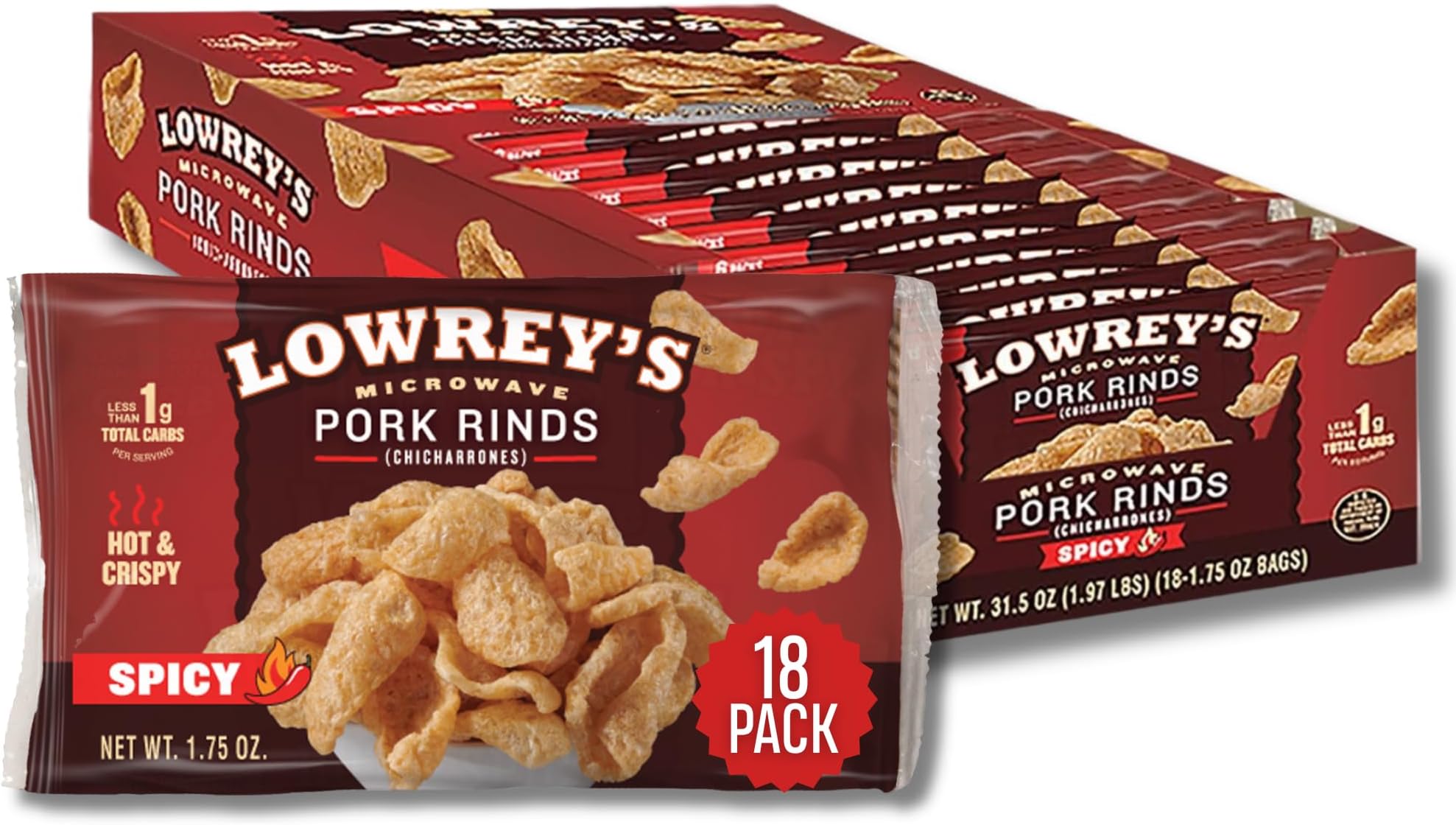 Bacon Curls Microwave Pork Rinds (Chicharrones), Hot & Spicy, 1.75 Ounce (Pack of 18)