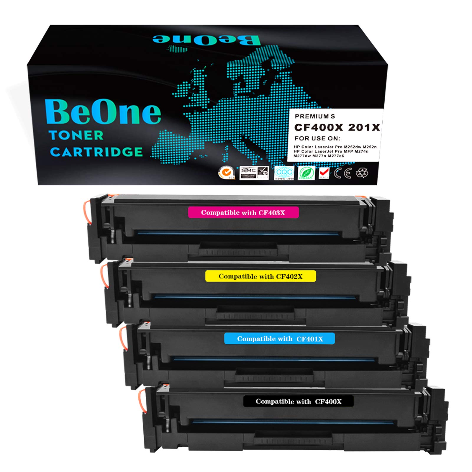 BeOne 4X 201X CF400X CF401X CF402X CF403X Toner Cartridges Compatible for HP Colour LaserJet Pro MFP M277dw M252dw M277n M277dw M252dw M277n M252n Printers (Black, Cyan, Yellow, Magenta)