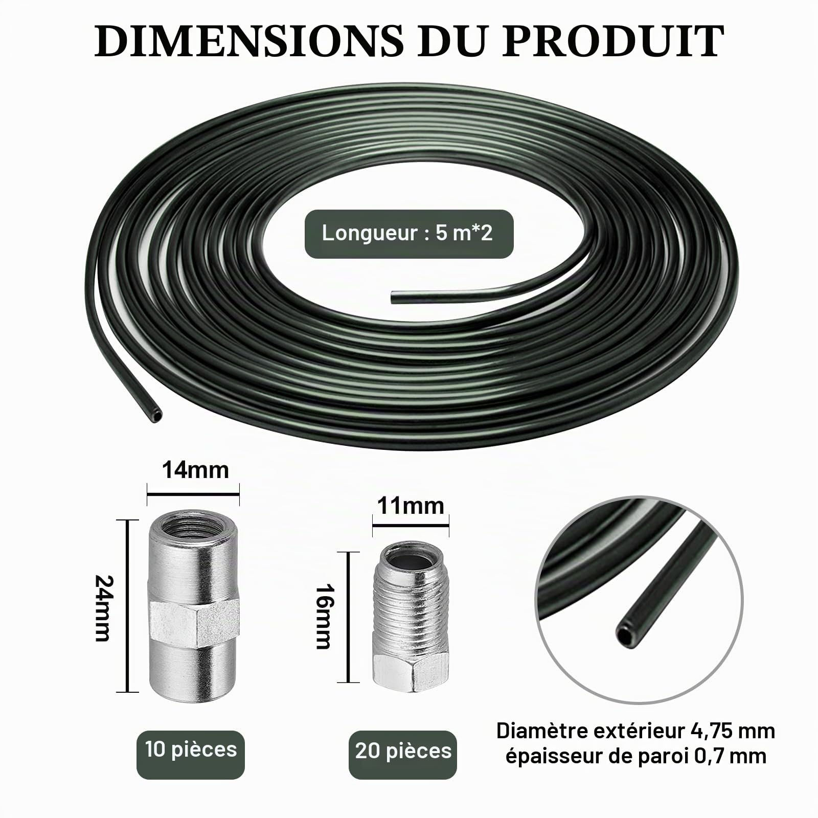 5m Tuyau de Frein Ø 4,76 mm en Acier Cuivré Revêtu, 2 Pcs Câbles de Frein avec 20 Raccords Vissés et 10 Connecteurs, Conduite Générale, Cable Frein Facile à Plier Manuellement pour Automobile