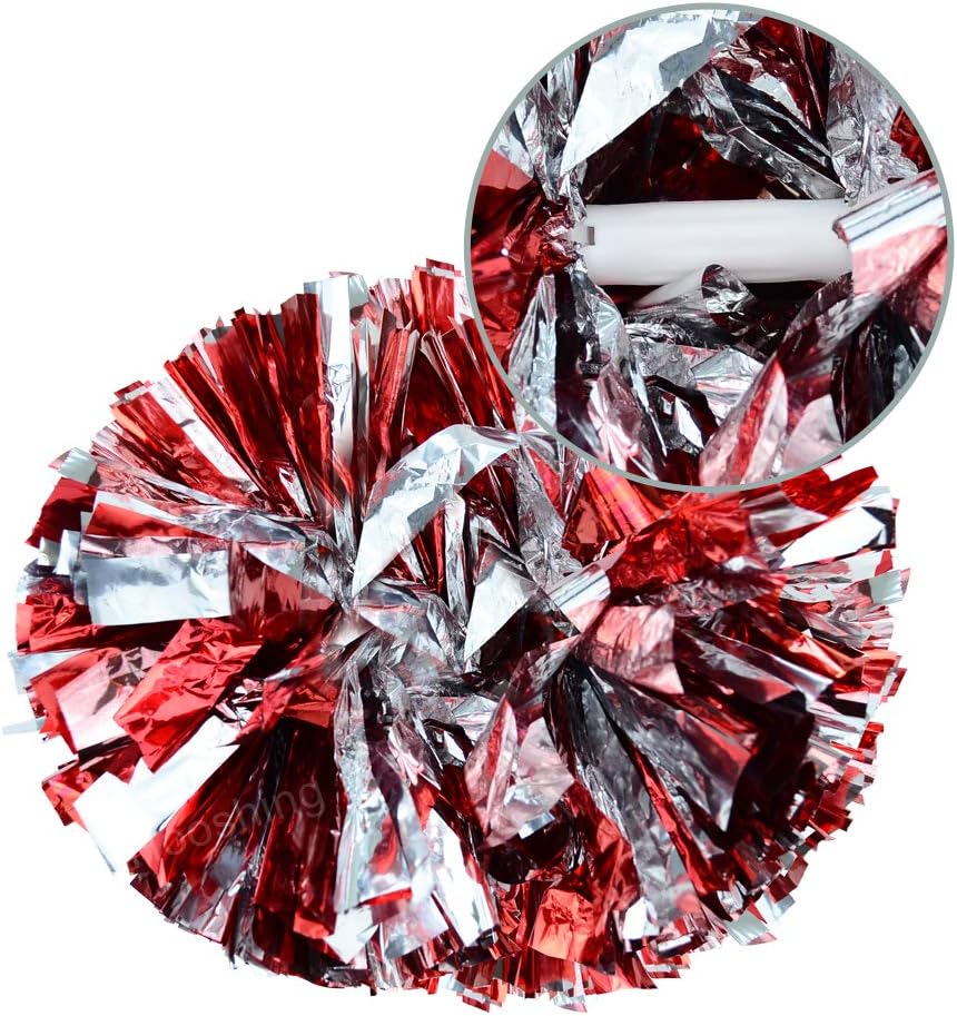 Hooshing 2 Pack Pom Poms Cheerleading Red and Silver with Baton Handle for Team Spirit Sports Dance Cheering : Sports & Outdoors