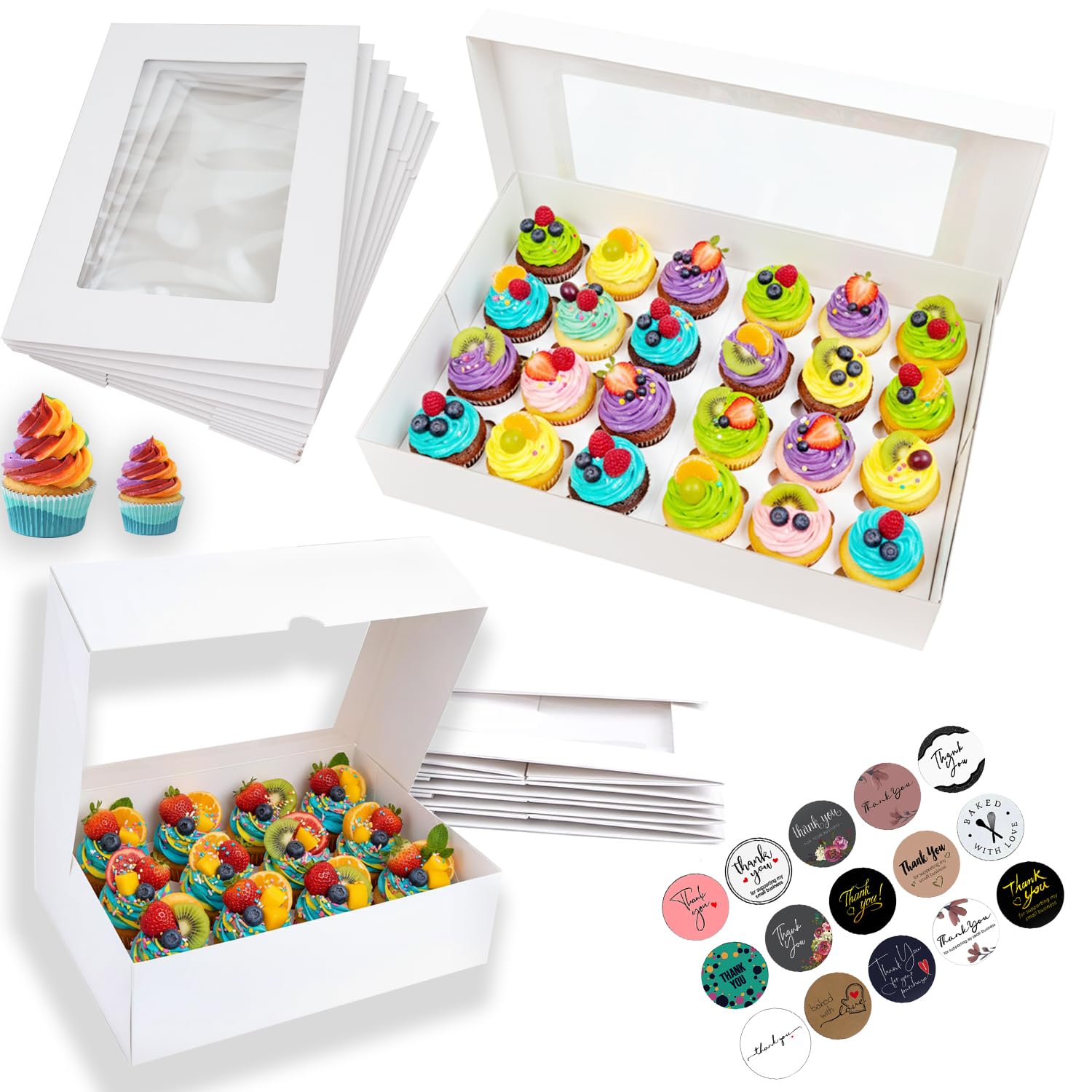 10 PK Cupcake Box with Window Bundle for 24 & 12 Standard or Mini Cupcakes 6* 24 Count boxes + 4*12 Count boxes ideal for Muffins Cake Cookies Donuts & other Pastries + Thank You Stickers