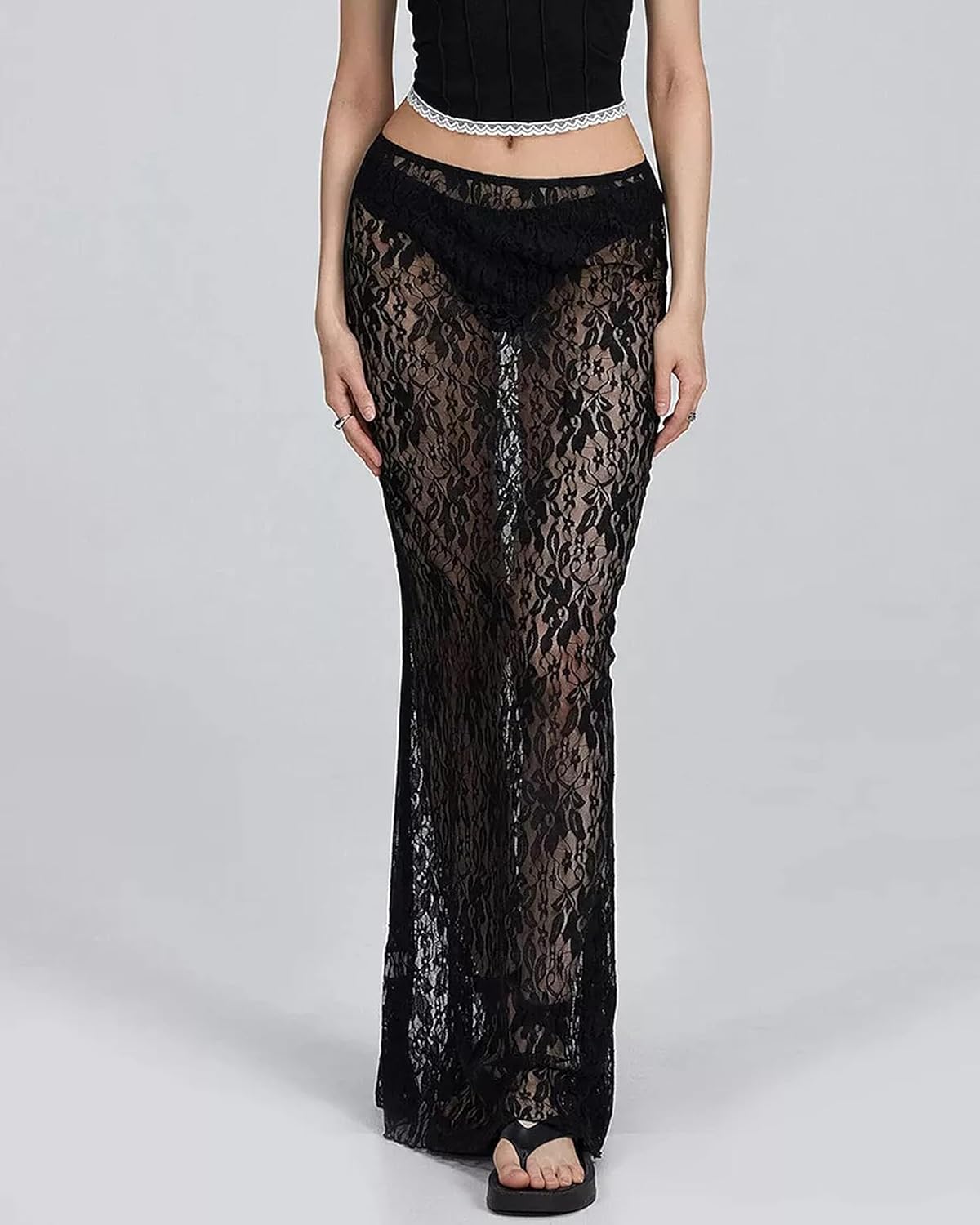 Lace Maxi Skirt for Women See Through Sexy Boho Summer Skirt Flowy Long Transparent White Skirt for Beach Vacation - Image 2