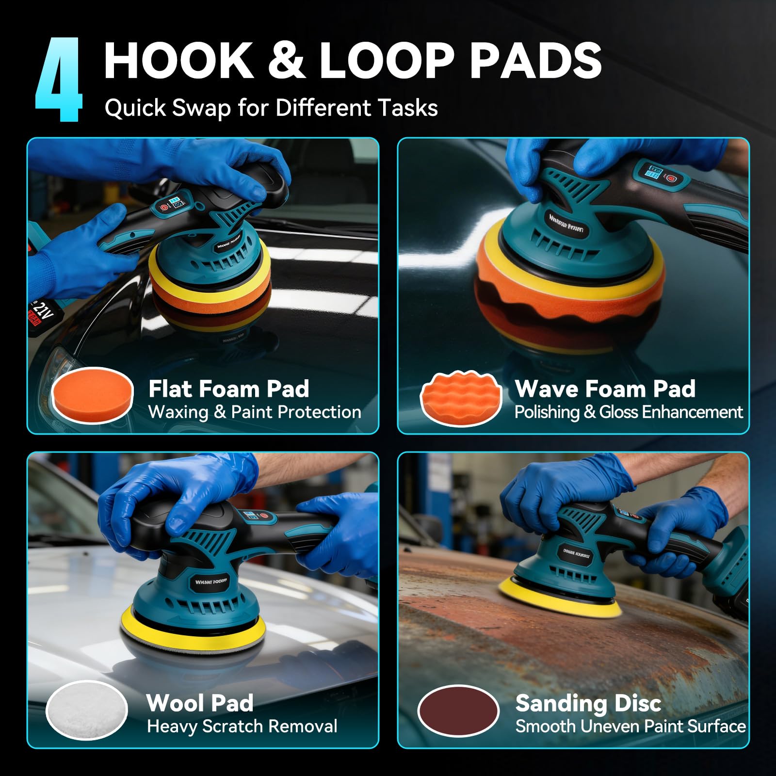 Yofuly Pulidora Orbital a Batería 6 Pulgadas, 8 Velocidades, 2x2000mAh, Compatible Makita 18V, para Detallado Auto