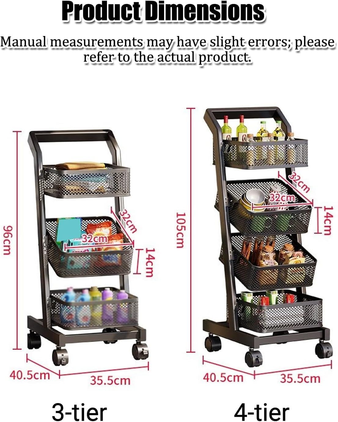 KEhtu Estantería Móvil Multinivel para Frutas Y Verduras con Ruedas, Organizador De Aperitivos De Pie con Cestas, Carrito Rodante De Supermercado con Estantes para White 3-Tier-35.5x40.5x96cm