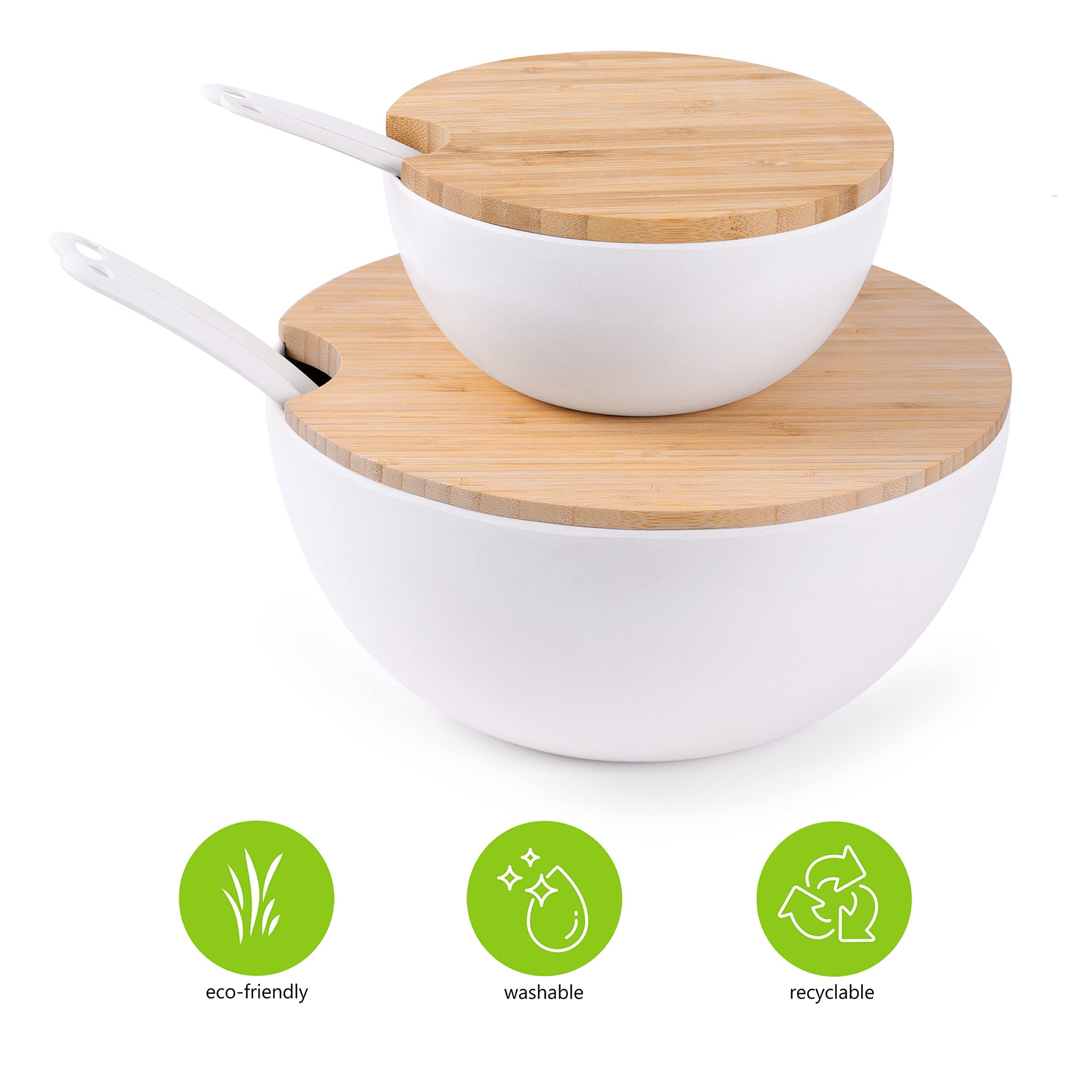 Grande ciotola per insalata e servire con coperchio in legno di bambù e server, set da 8 pezzi, 29,2 cm e 20,3 cm in fibra di bambù con top in legno (bianco naturale)