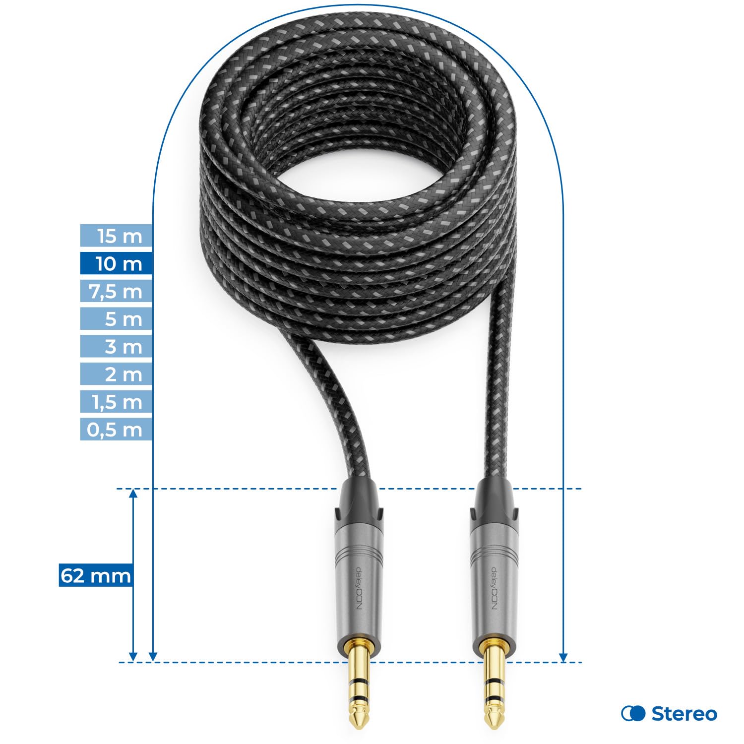 deleyCON 10m Cavo Strumento Jack 6,35mm a Jack 6,35mm TRS (Stereo) AUX - Qualità da Studio - in Puro Rame OFC (AWG24) - per Amplificatore Mixer Chitarra Elettrica Basso Tastiera