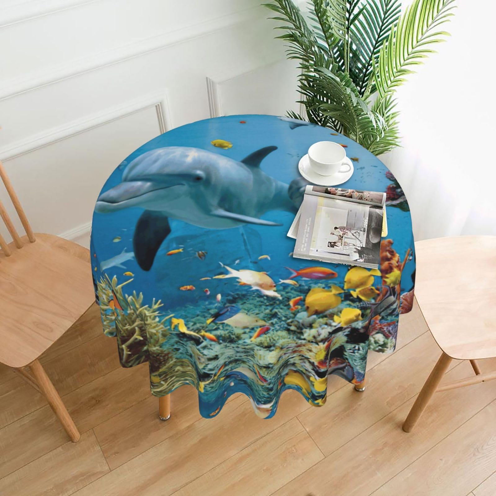 Uusnwaa Ocean Dolphin Looking At You Print Round Tablecloth 60 Inch, Stain Wrinkle Resistant Washable Polyester Table Cover For Kitchen Party