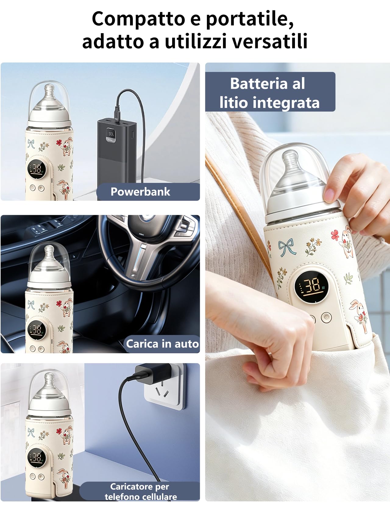 Scaldabiberon per bambini, con batteria da 8000 mAh, 6 livelli di temperatura da 38 a 50 °C, indicatore LED e luce notturna, portatile, funzione di ricarica USB, per viaggi e casa (beige)
