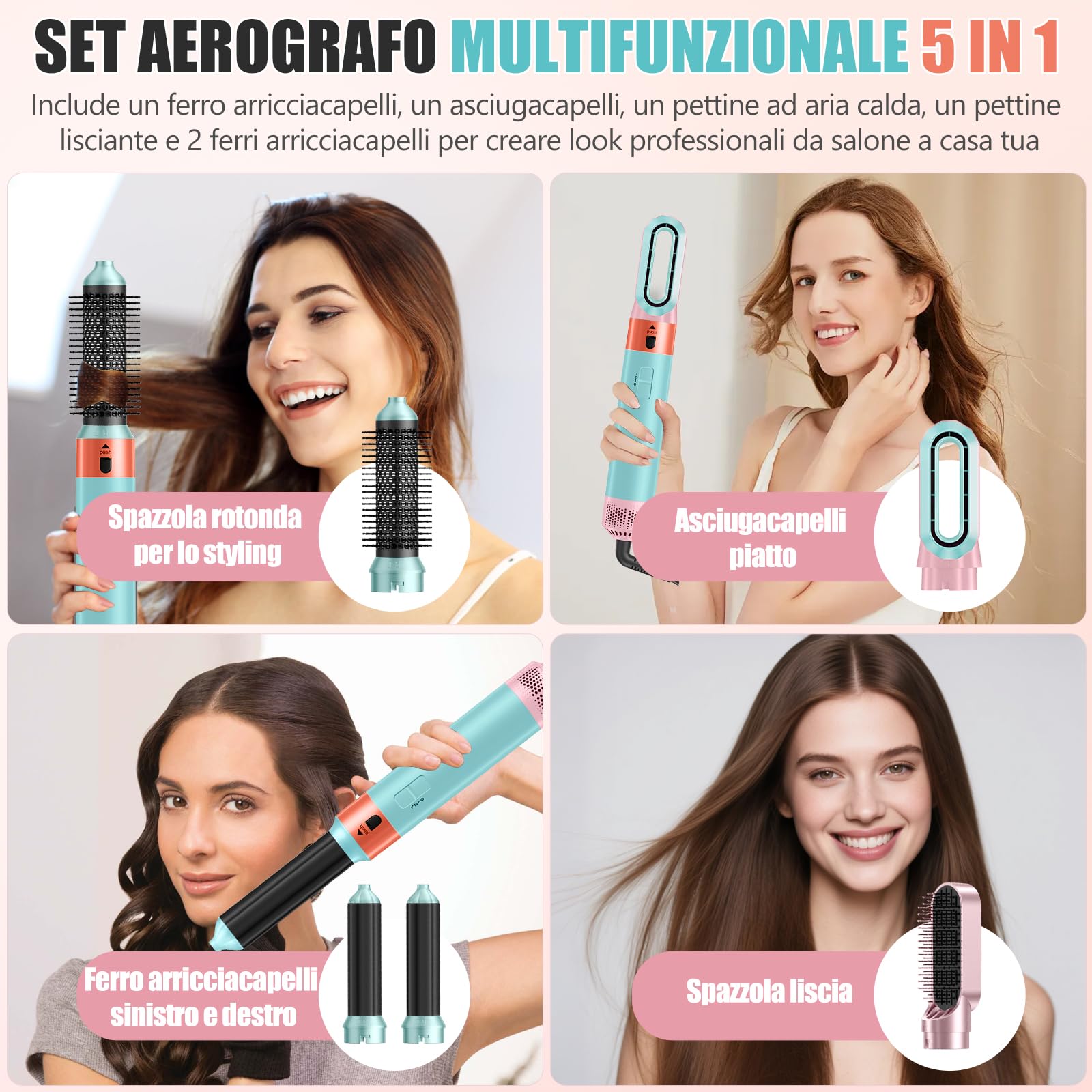 Spazzola Ad Aria Calda, Hair Brush set da 5 pezzi, 1000W Spazzola Asciugacapelli, Tecnologia a Ioni, spazzola rotante per capelli Rivestite In Ceramica e Cheratina,Volumizzant, Asciugare,Arricciare