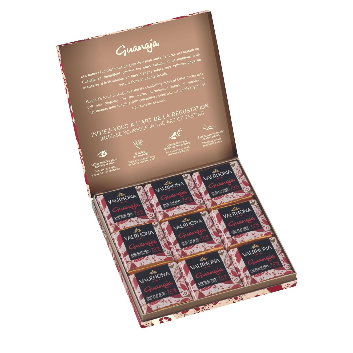 Valrhona Premium Dark Chocolate Gift Box GUANAJA 70% Cacao 18 Squares with flowery notes. Gourmet French Chocolate. Exquisite Perfect Present. Individually Wrapped, Giftable.