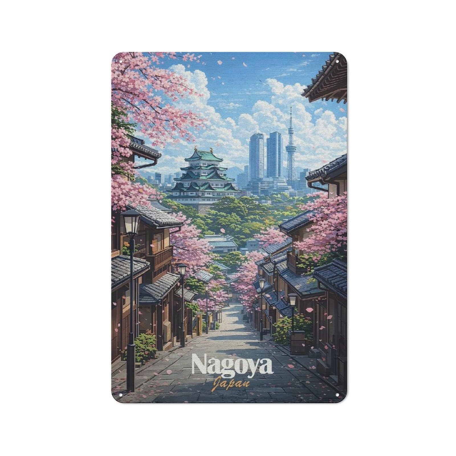 Junmoney Style-14 Nagoya Castle With Cherry Blossoms Retro Metal Wall Decor 30X20cm, Vintage Metal Sign For Cafe, Pub, Workshop Or Home Bar