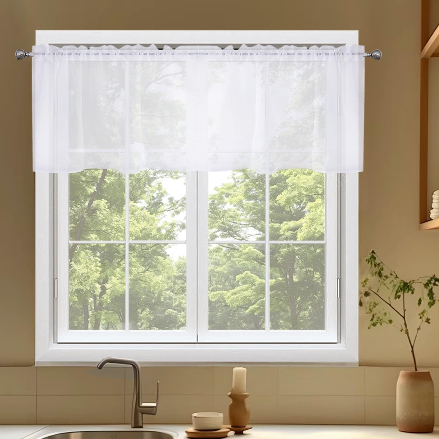 SpaceDresser Sheer White Vanlance for Windows 2 Panels, Small Kitchen Curtain for Bathroom Living Room Bedroom Cafe Rod Pocket Voile Drapes(White, 52W x 18L) — image 1