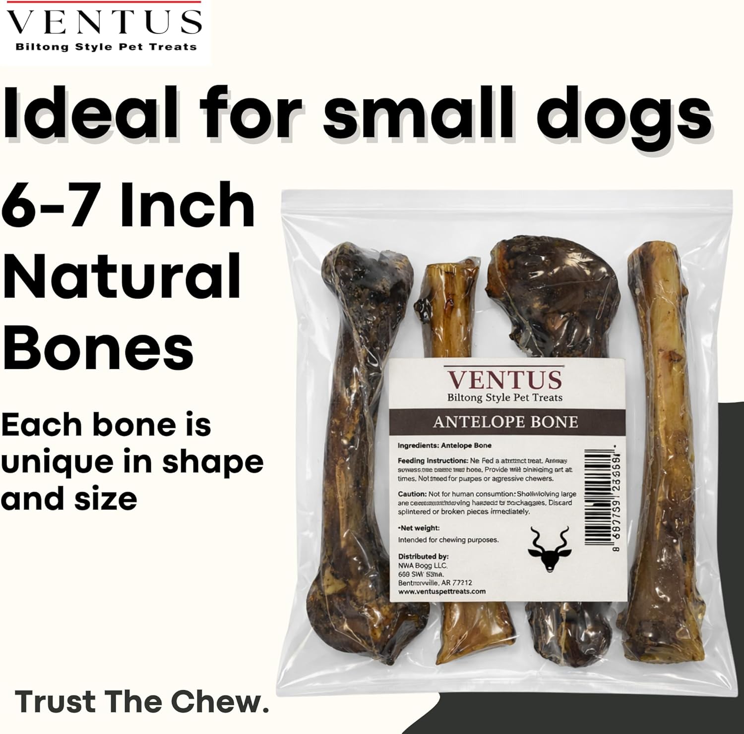 VENTUS Smoked Antelope Bone Dog Chews for Small Dogs, 4 Pack | Natural Single Ingredient Dog Bone Chew | Individually Sealed | No Additives, No Preservatives