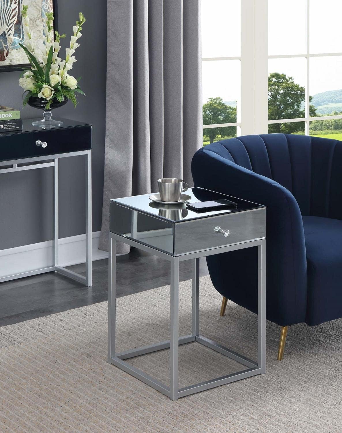 Glamorous Mirrored Square End Table with Metal Frame and Storage