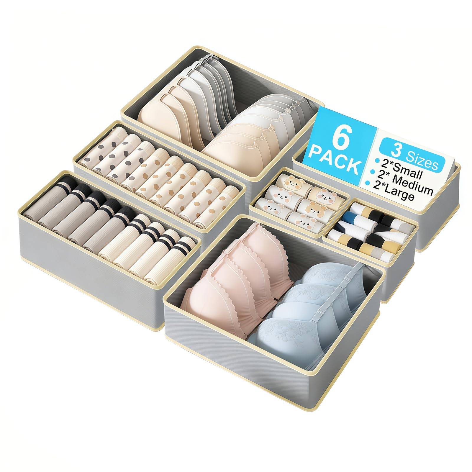 Boudoi Grey Drawer Organisers 6 Pack,Drawer Dividers Foldable Fabric Storage Boxes For Wardrobe Storage Organiser,Clothes Drawer Organisers Underwear,Socks,Bras, Clothing–Organiser For Bedroom, Dresser (Gray）