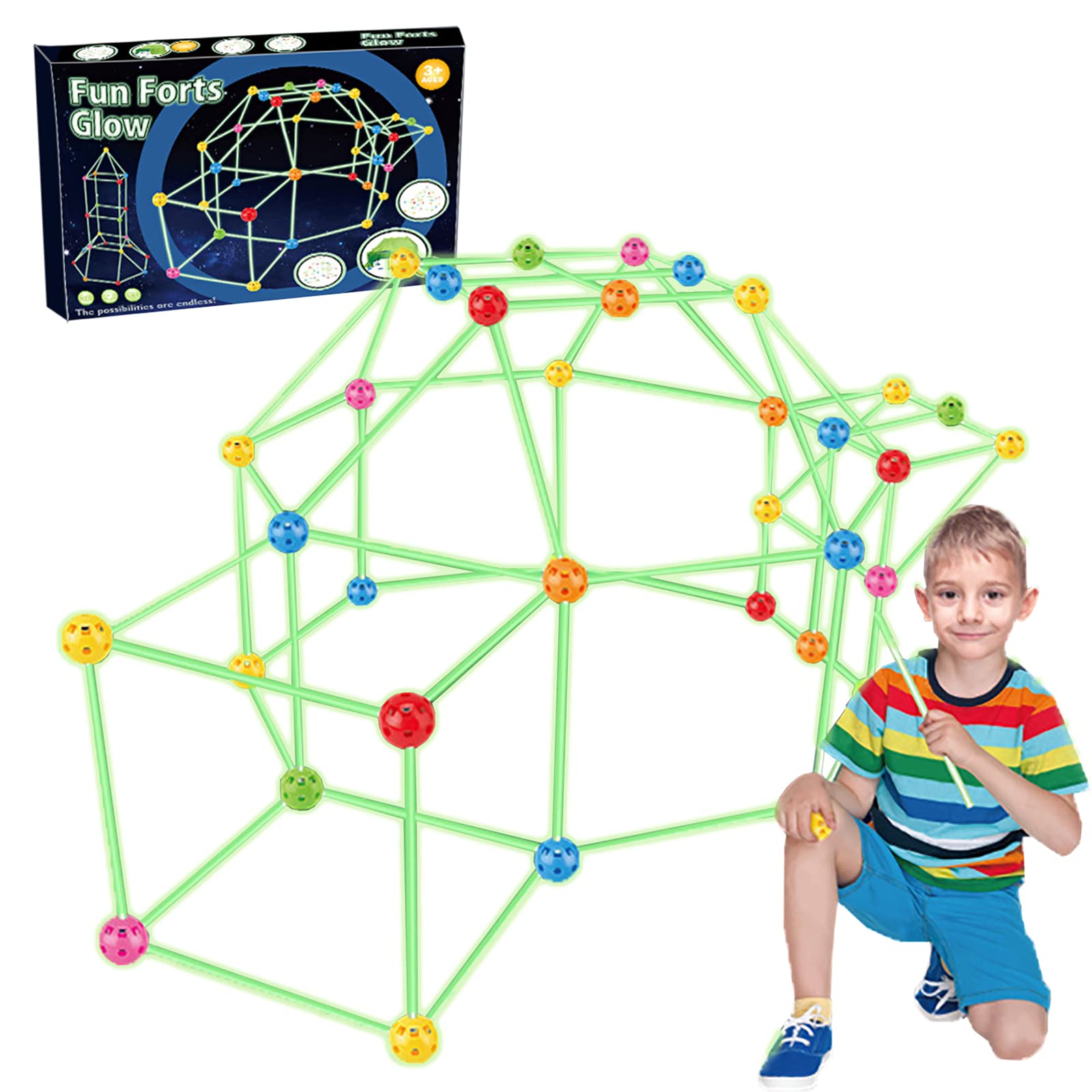 JIMI Glow Fort Building Kit 88 Piece, Kids Glow in The Dark Play Tent Construction Forts Builder Fun STEM Creative Building Toys Indoor and Outdoor Gift, 51 Rods & 36 Balls & 1 Tent Cloth