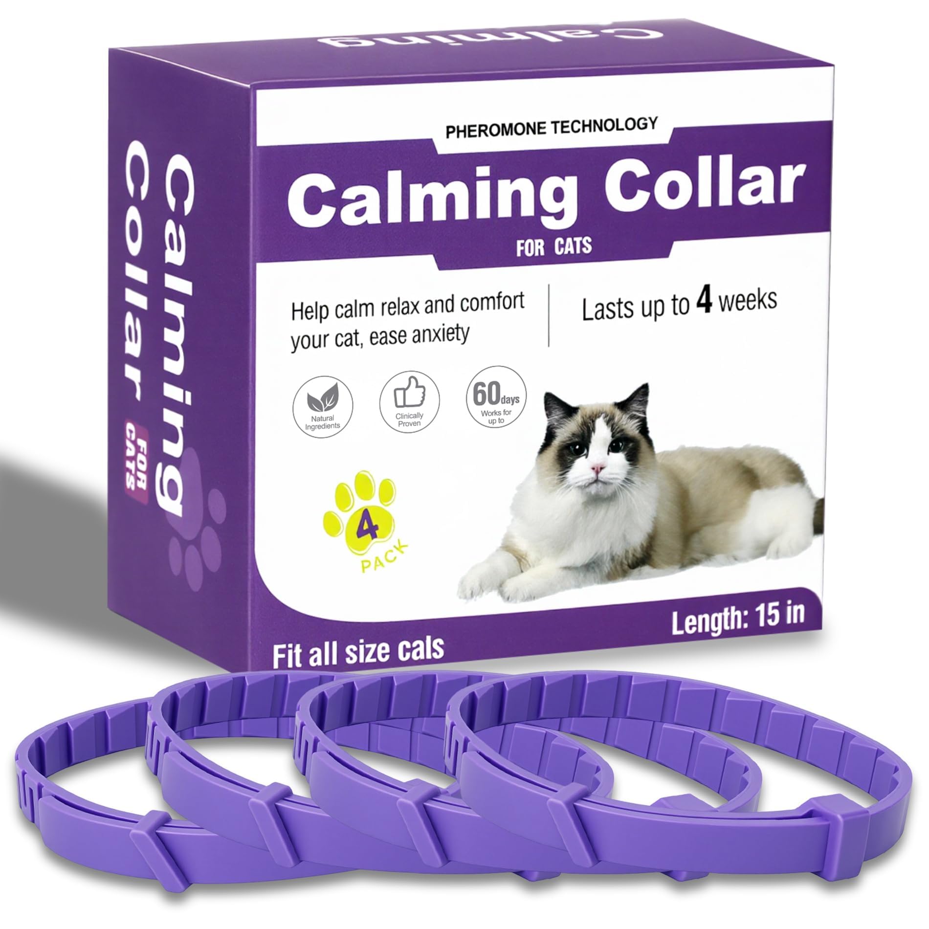 Cat Calming Collar, Pheromone Anti-Anxiety Treatment, Water Resistant, 4 Pack