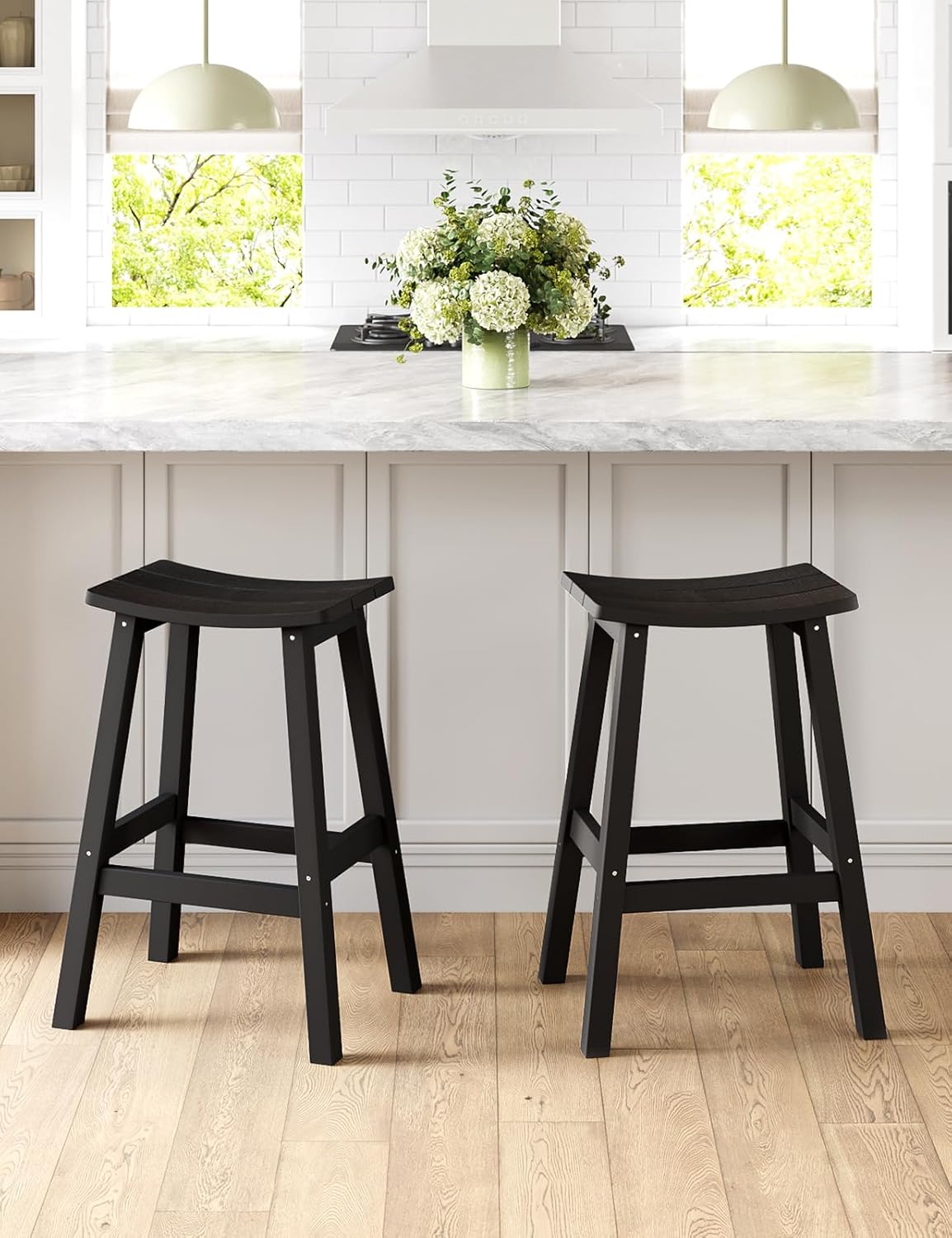 Weatherproof Bar Stools Set of 2, 28" Height Outdoor Bar Stools Holds up to 400 lbs, Saddle Seat, Bar Height Stools for Patio, Garden, and Kitchen Island, Black