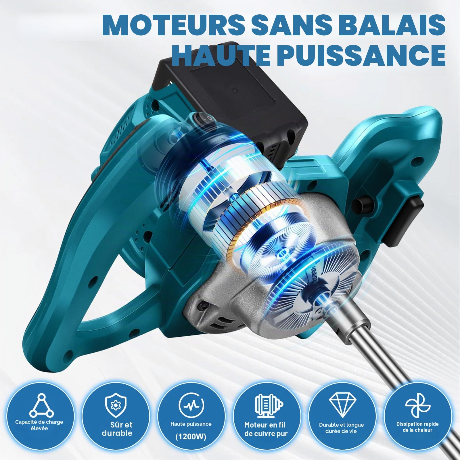 Malaxeur Mortier sans fil avec 2 piles, Mélangeur de mortier de couleur, 1200 W, mélangeur de ciment, 6 vitesses, interrupteur verrouillable, ergonomique, mélangeur industriel pour peinture