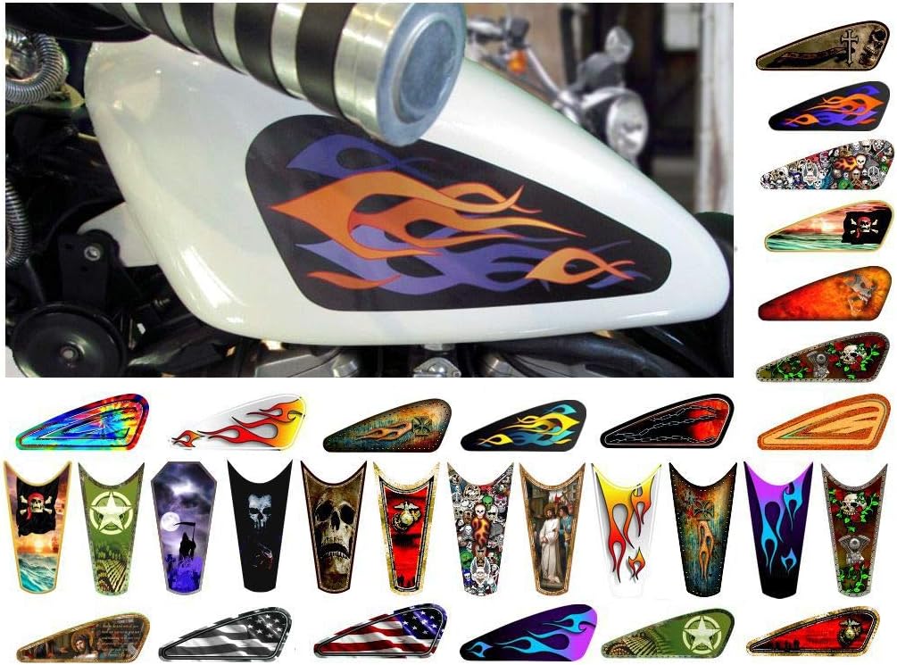 Motorcycle Gas Tank Decals/Sets - for Harley Davidson Sportster Honda Shadow Suzuki Kawasaki Indian Yamaha (Layered Old School Flames - Banana/Blueberry - 2pc Side Tank Decals)