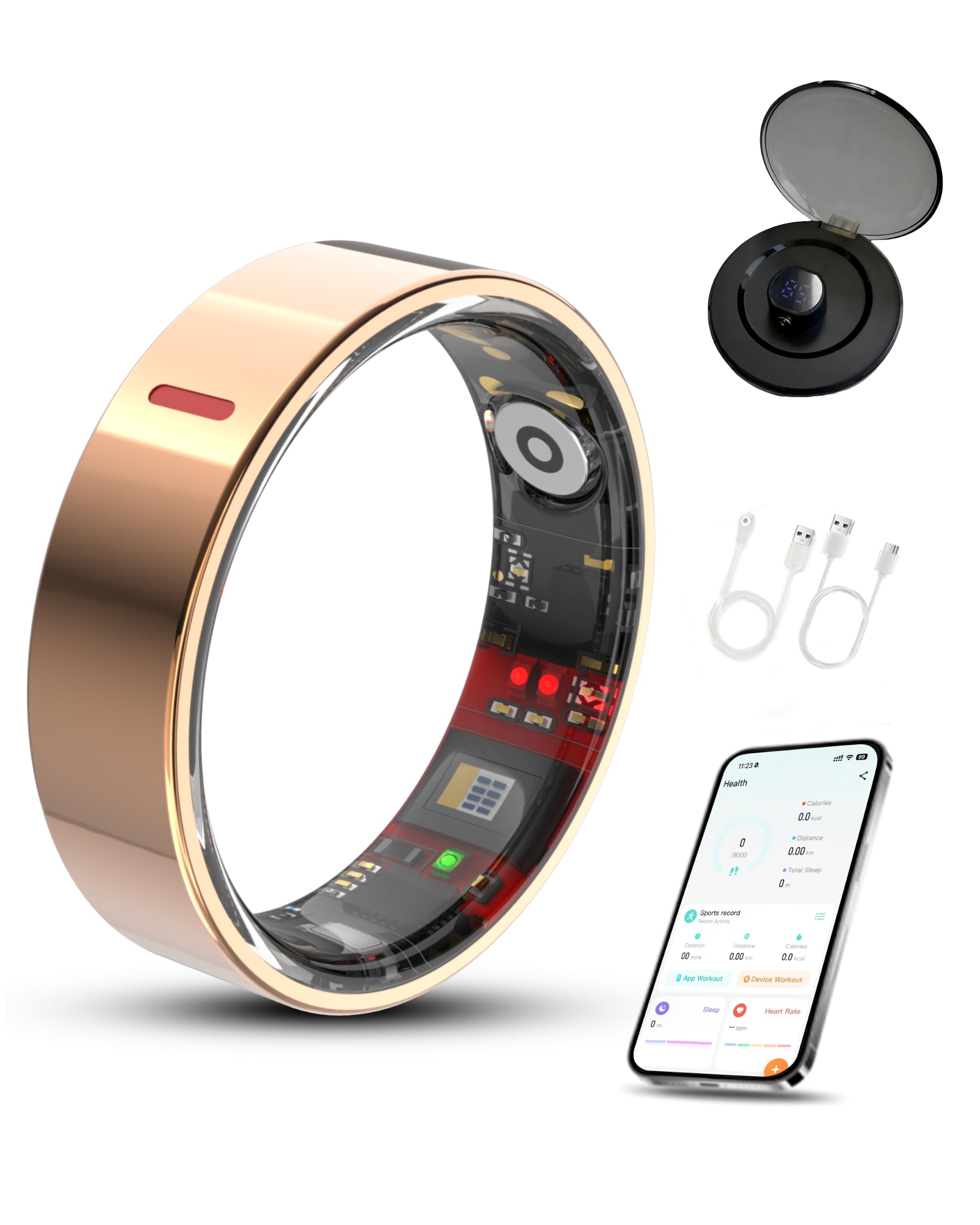 Smart-Ring mit Ladehülle, Fitness-Ring, Gesundheitsmonitor Schlaf-Herzfrequenz- & Blutsauerstoffmonitor 5ATM+IP68 wasserdicht Ohne Abo 4-7 Tage Akkulaufzeit iOS & Android kompatibel für Männer Frauen
