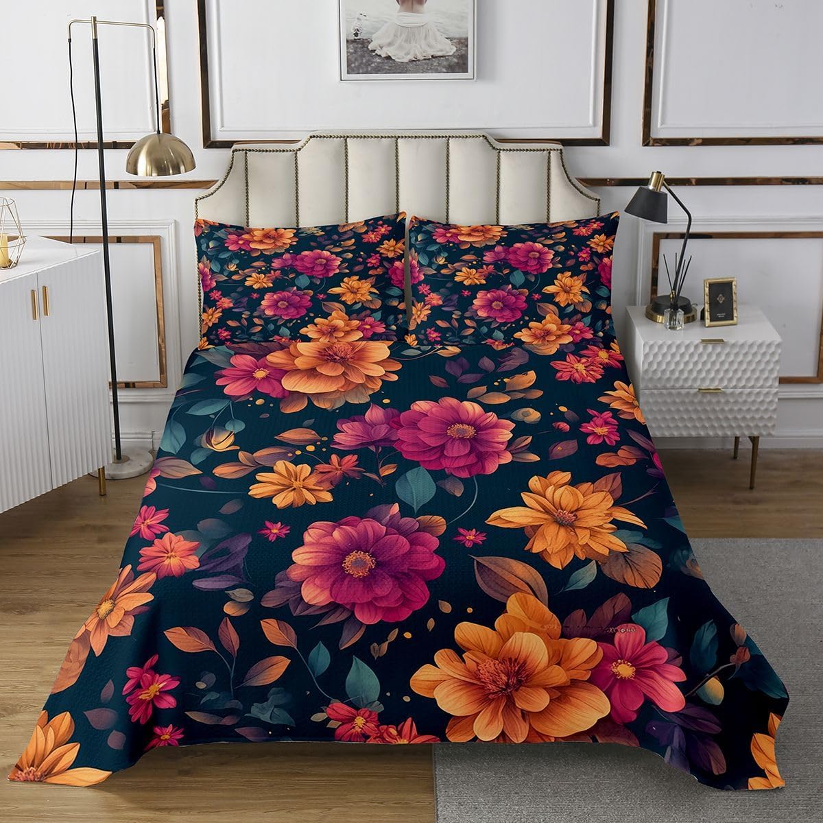 jejeloiu Gradient Boho Floral Bedspread Quilts Bohemian Ethnic Coverlet Set Queen Size for Kids Boys Girls Pink Yellow Quilted Coverlet for All Season with 2 Pillowcases Tribal Rainbow Microfiber
