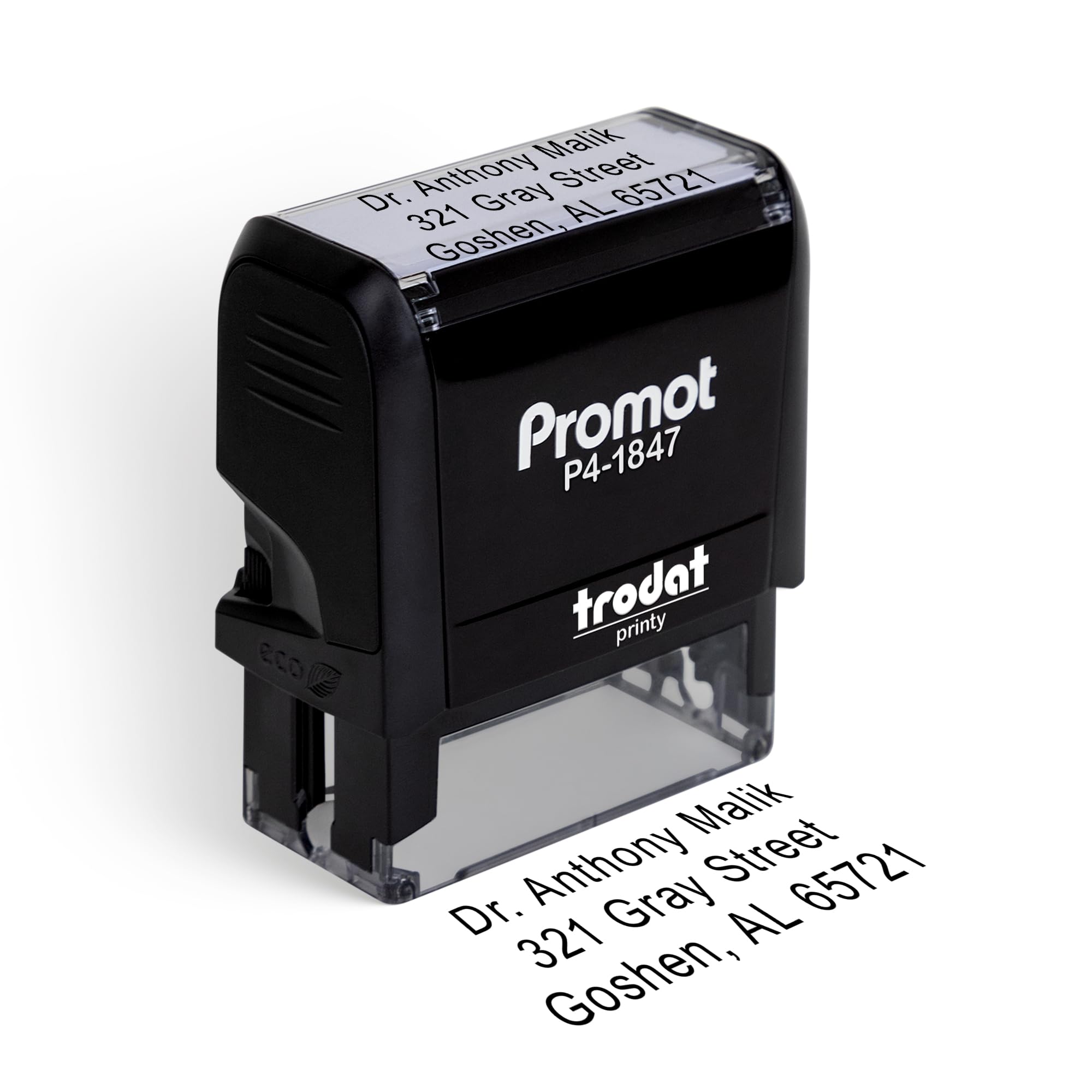 Promot Custom Stamp - Medium, 3-Lines, Self-Inking, Black, Blue, Green, Red