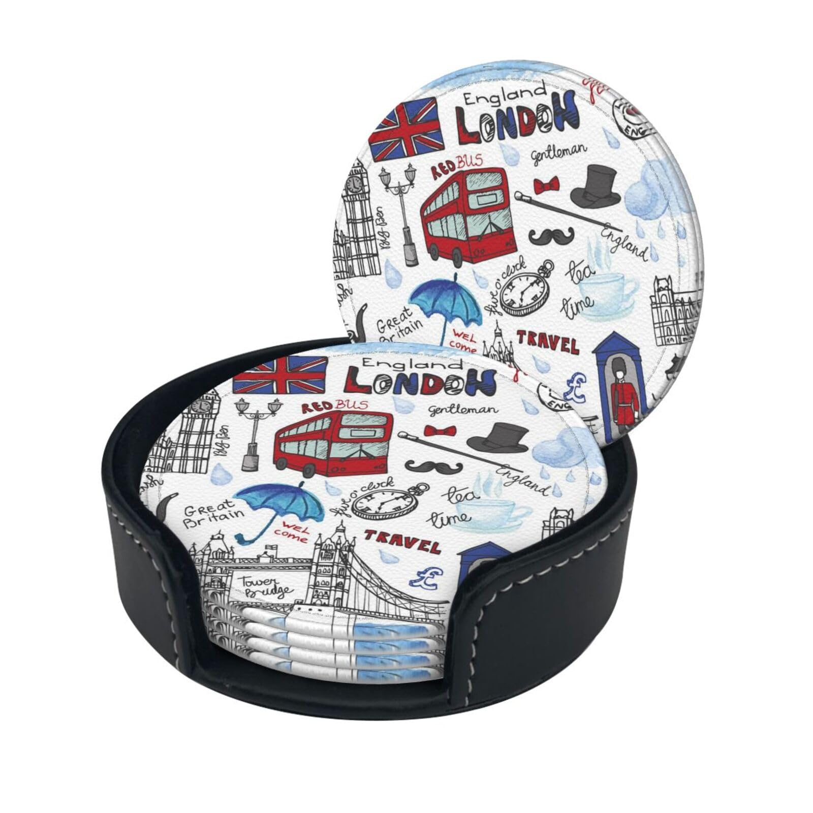 London Print Coasters For Drinks With Holder Set Of 6, Pu Leather Coasters Drink Coasters Cup Pad Mats