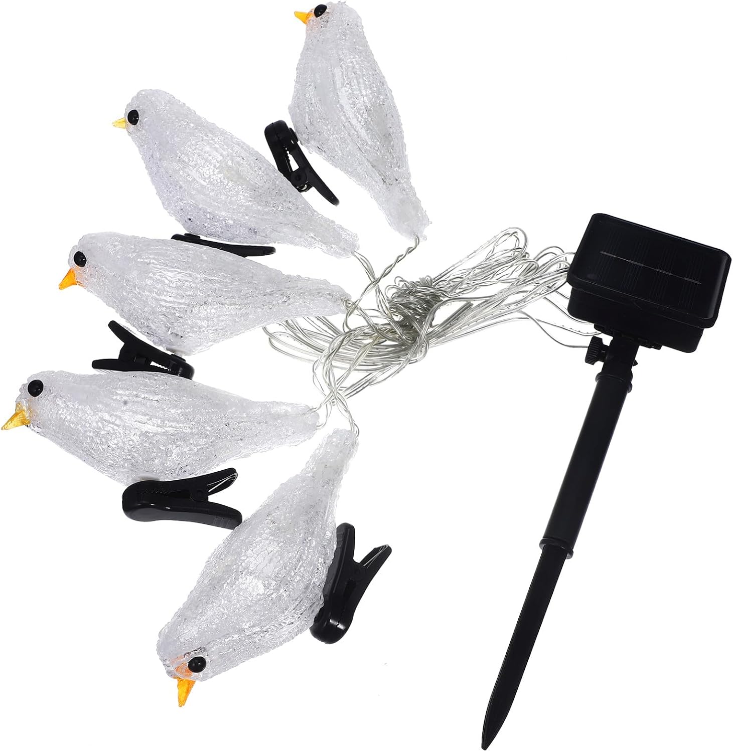ibasenice Solar Powered Robin LED String Lights for Patio Garden Decoration, 5 Light-Colored Bird-Shaped Outdoor String Lights with Stakes for Yard Festive Lighting